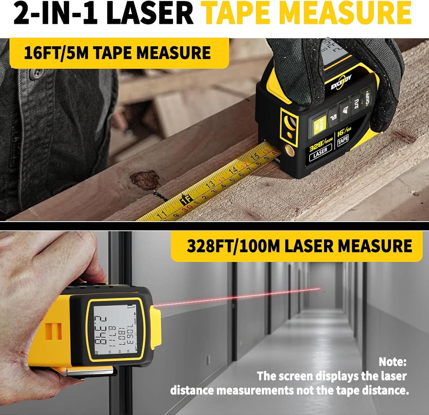 2-in-1 Laser Tape Measure 328Ft Rechargeable Laser Measuring Tool & 16Ft Measuring Tape, Laser Crosshairs, Biaxial Electronic Angle, Measuring Area, Volume, Pythagorean, Cosine, Ft/Ft+in/in/M Unit