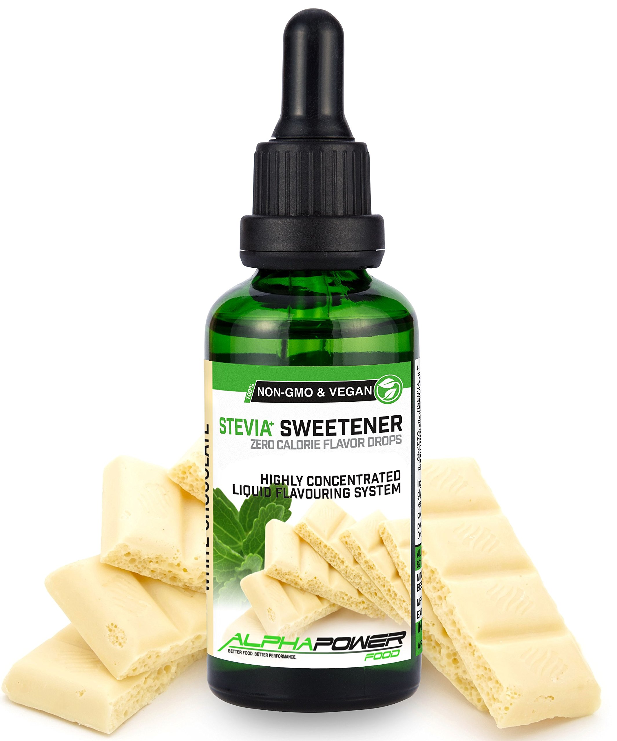ALPHAPOWER FOOD Stevia liquide, arôme - SET SUPER ÉCONOMIQUE 5x50 ml chocolat blanc, biscuit au beurre, tarte aux pommes cannelle, Goût biscuit au chocolat et au beurre d'arachide, gâteau au fromage