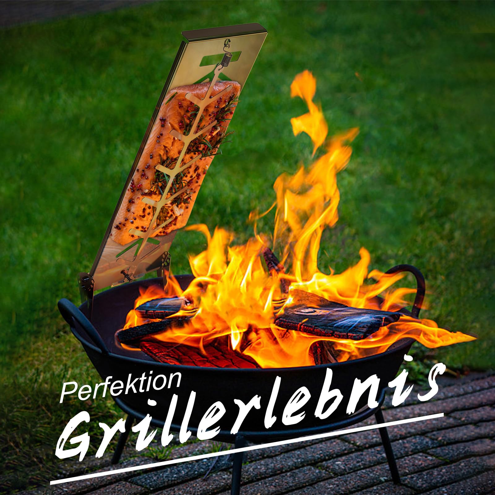 Flammlachsbrett | Extra breit 18cm Fisch Grillhalter Edelstahl | Grillzubehör für Feuerschale und Kugelgrill mit Wandstärke bis Weniger als 8mm | Flammlachshalter | Flammlachsbretter