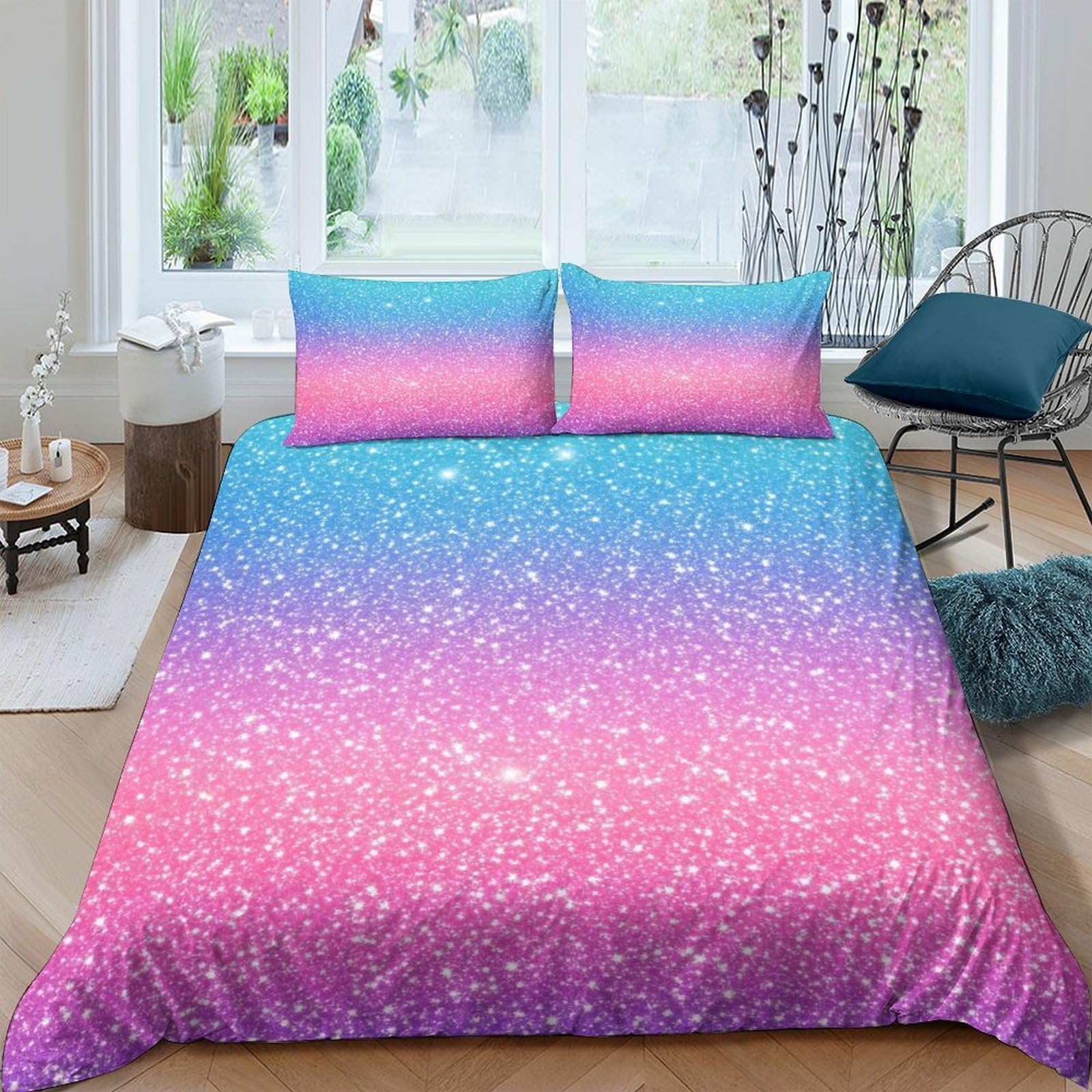 Ctjqhvkz Style-2 3D Printed Gradient Pink Blue Fitted Sheet Microfiber Soft Sparkle Ombre Mattress Cover For Bedroom Guest Room Decor Single（135X200cm）