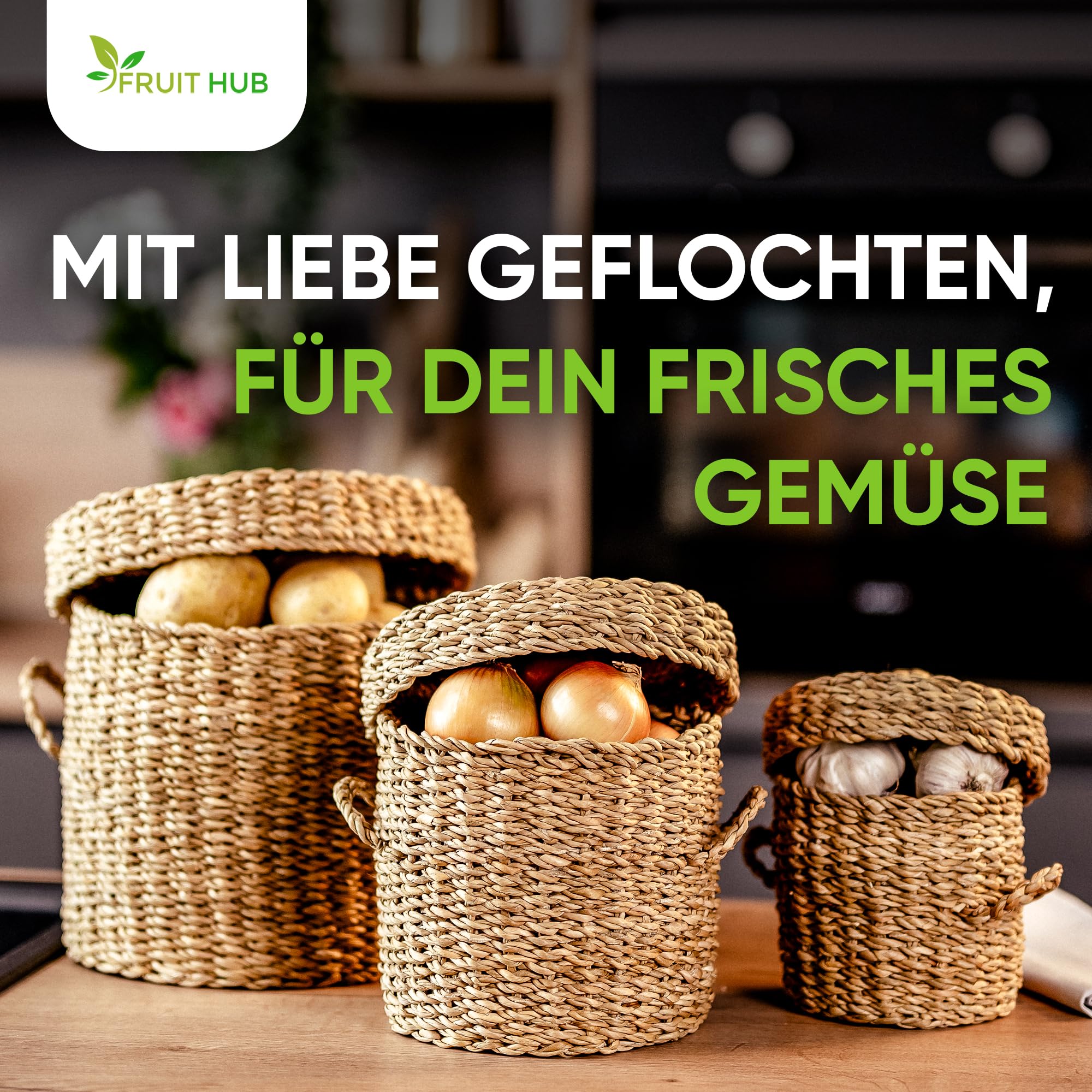 Kartoffel Aufbewahrung 3er Set aus Seegras - Zwiebel & Knoblauch Aufbewahrung - Nachhaltiger Gemüsekorb für Küche & Vorratsraum - Handgefertigt & Plastikfrei