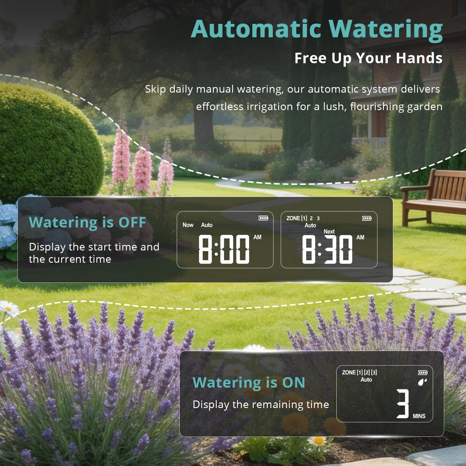 QUOBAS Timer per irrigatore per tubo da giardino, programmabile in ottone, timer digitale dell'acqua con blocco bambini, ritardo pioggia/auto/manuale, 3 modalità, grande schermo impermeabile