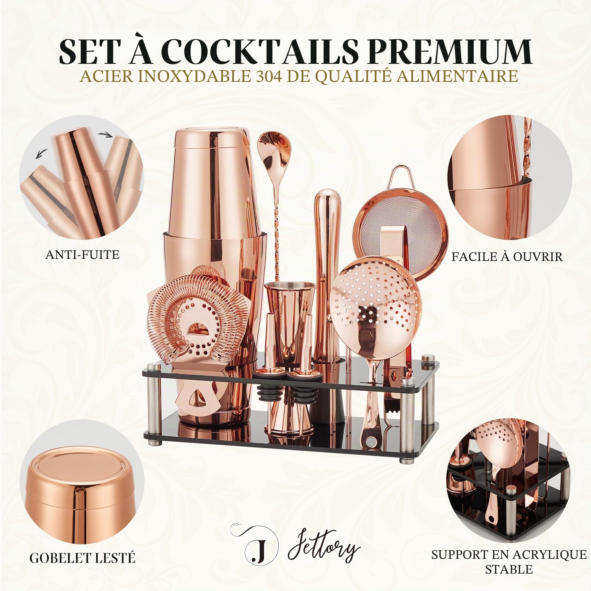 Set Shaker Boston 16 Pièces - Kit Barman en Acier Inoxydable 304 avec Support Acrylique, Passoire, Cuillère, Jigger, Pilon, Pince à Glace, Verseurs et Picks à Cocktail (Or Rose)