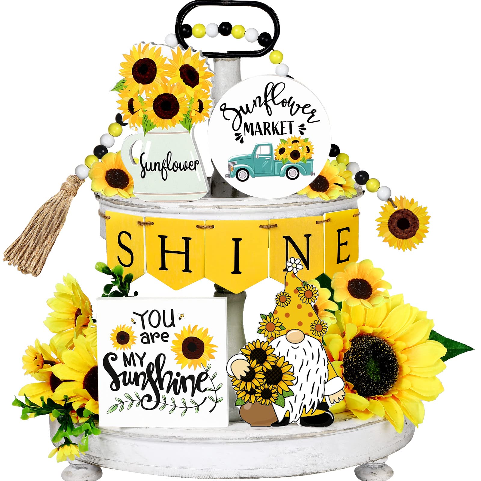 10 Pcs Summer Tiered Tray - Farmhouse Wood Tiered Tray - Lemon Watermelon Strawberry Sunflower Decor - Kitchen Standing Sign Bead Garland Banner for Home Decor (Sunflower Theme)