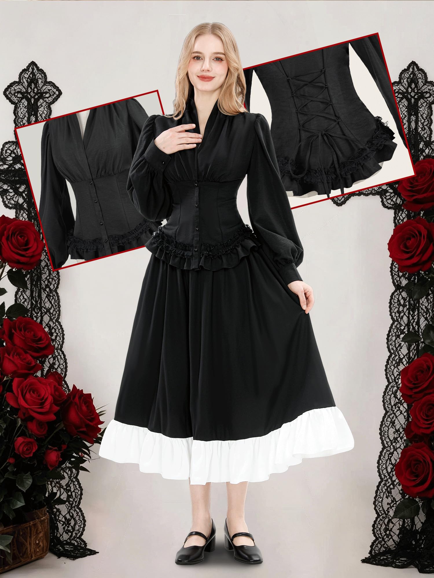 Camicetta vittoriana da donna con volant, a maniche lunghe, con lacci, stile gotico, colore nero