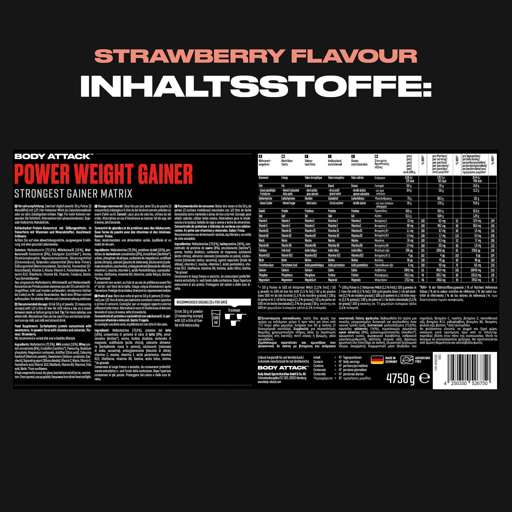 Body Attack Weight Gainer - Strawberry - 4,75 kg - Dein Mass Gainer für Masseaufbau & Muskelaufbau - Mit Whey Protein, BCAA und Kohlenhydraten - Dein fettarmer Masse Shake für hochwertige Kalorien