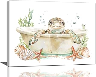 Sea Turtle Wall Art Turtle in Bathtub Pictures Wall Decor Bathroom Canvas Prints Ocean Bathroom Decorations Painting Framed Artwork Office Home Decor For Toilet Laundry Washroom Restroom 16"x12"