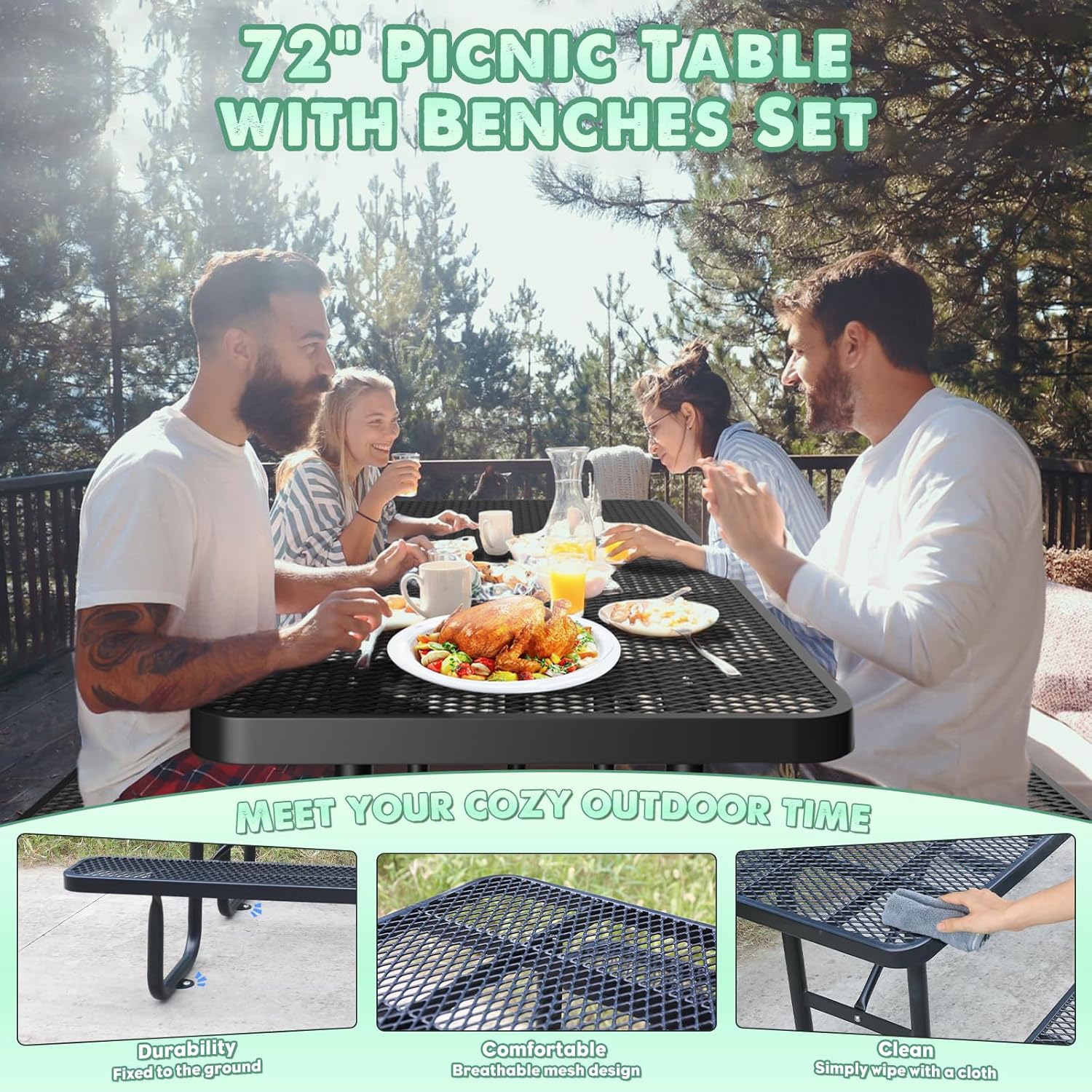 6FT Rectangular Outdoor Picnic Table and 2 Benches Set with Umbrella Hole, Metal Expanded Commercial Steel Heavy Duty Sturdy Picnic Tables Furniture Set for Yard Patio Lawn Party Coffee, Black