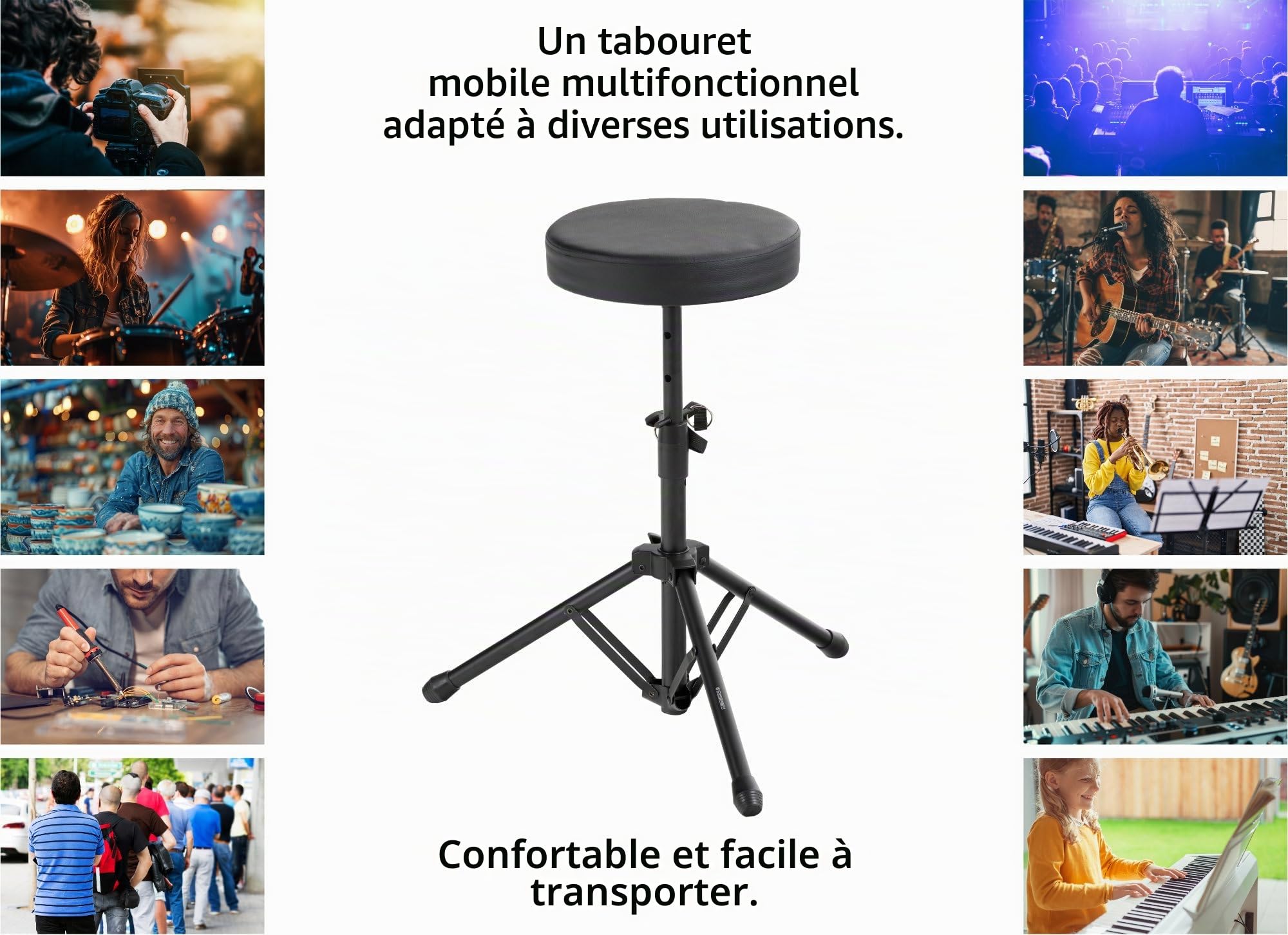 McGrey Tabouret Pliant léger KD-10 - Tabouret de Batterie réglable en Hauteur avec Dimensions compactes pour Transport - Assise Ronde rembourrée - Structure Robuste en Tube d'acier - Noir