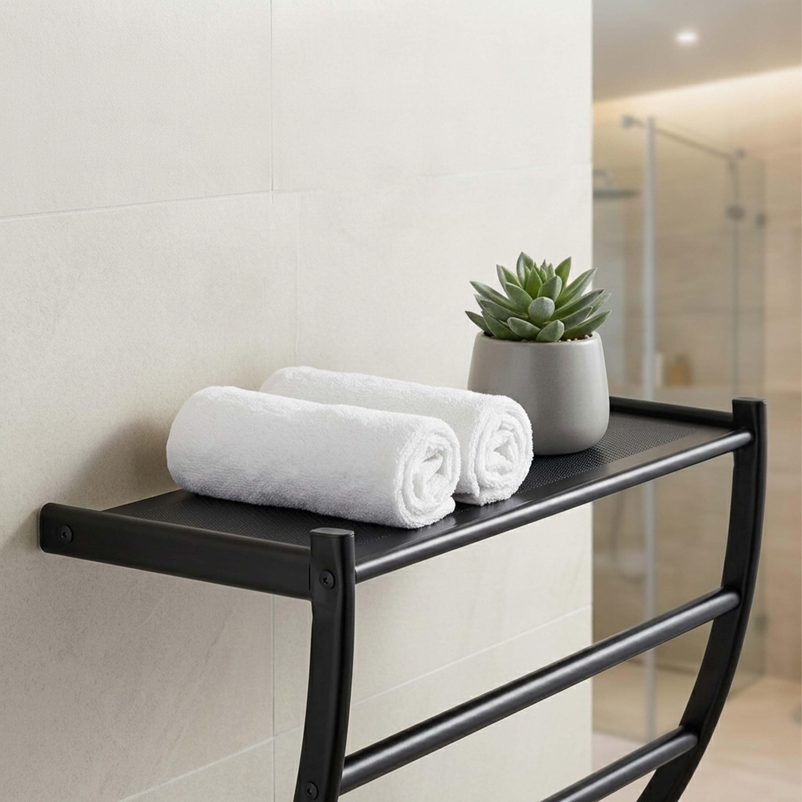 Relaxdays Portasciugamani da Parete, HLP 44 x 56,5 x 23 cm, Mensola da Bagno con 3 Aste per Asciugamani e Ripiano, Nero