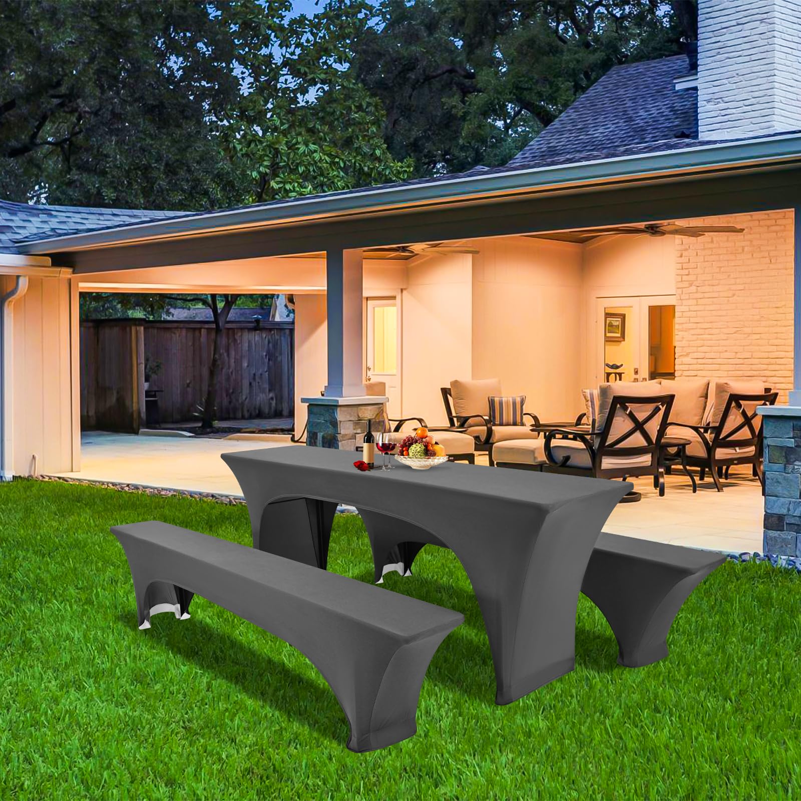 Showgeous 3 Stück dunkelgraue Biertischhussen Stretch-Biertisch- und Hockerhussen-Set für 50 cm Tischbreite Bierzelt-Set 220 x 50 x 80 cm für Bankett-Gartenmöbel im Freien (6er-Pack)