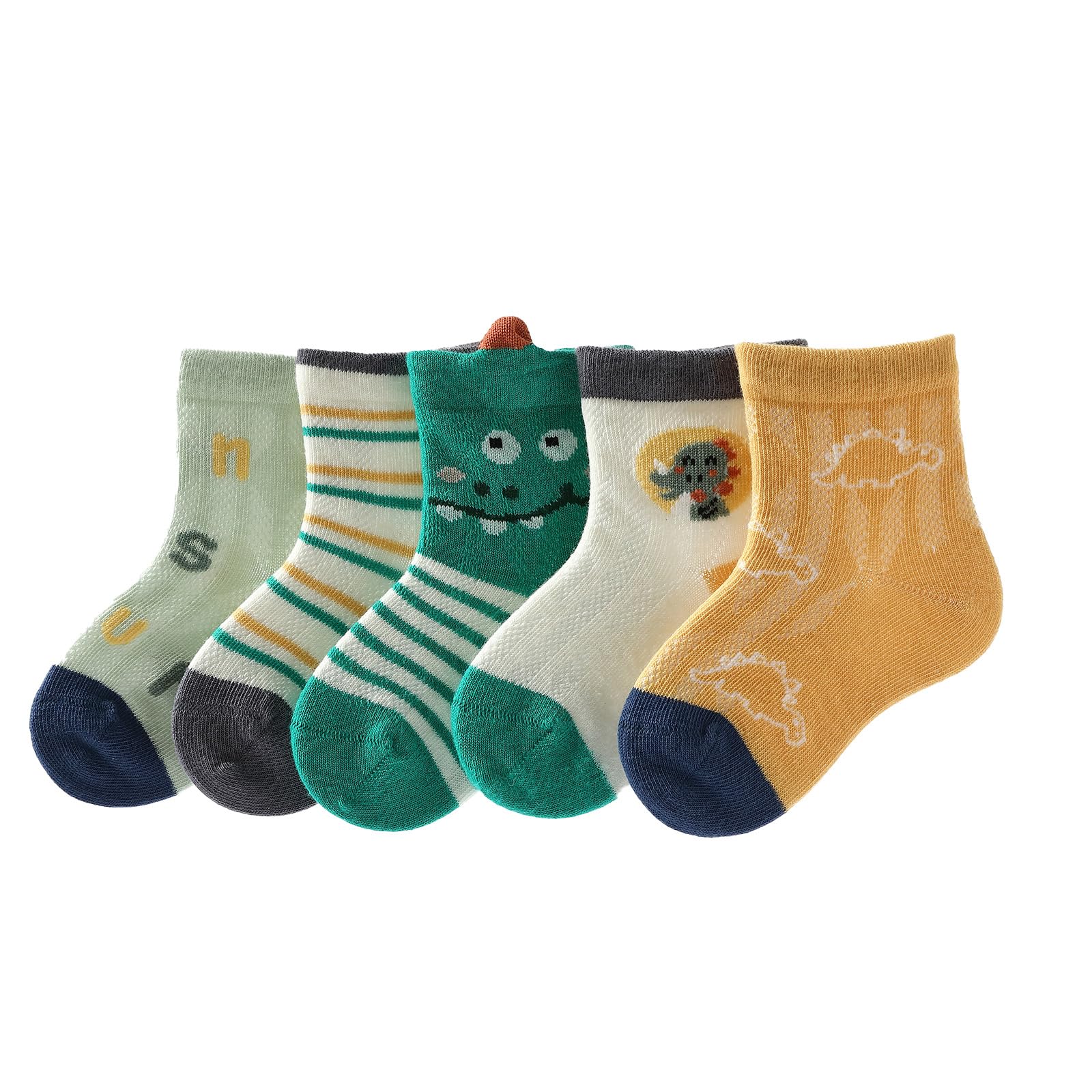 Bacnlip 5 Pairs Baby Girls Boys Crew Socks Soft Kinds Breathable Cotton Calf Sock Toddler Novelty Cute Animal Socks(Green Dinosaur, XL/3-5 Years)