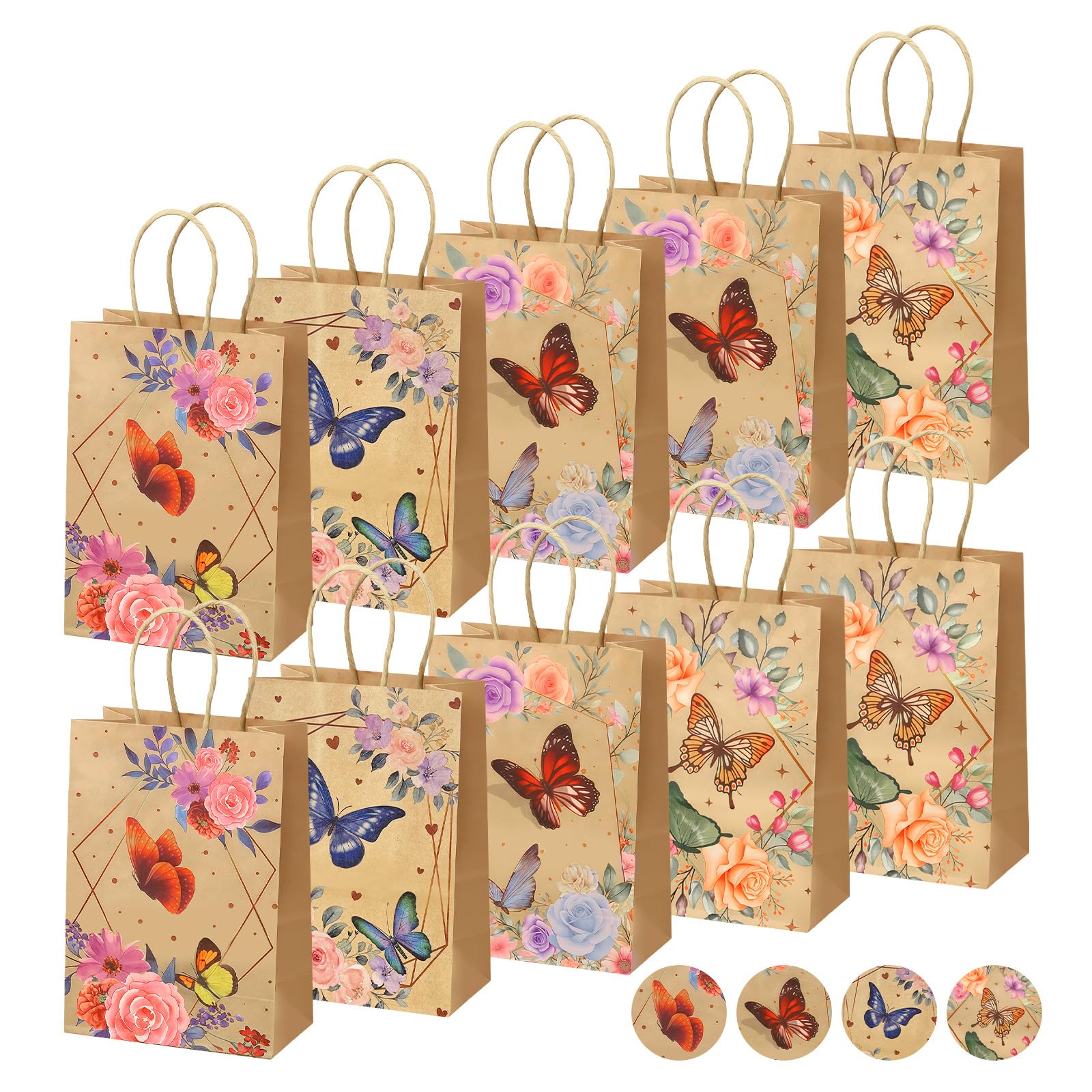 AMFUN 10PCS Butterfly Gift Paper Bags with Handles, Party Bags with Four Styles, Snack Paper Gift Bags, Candy Paper Bags for Children's Birthday Party, Wedding, Baby Shower-21×15×8cm