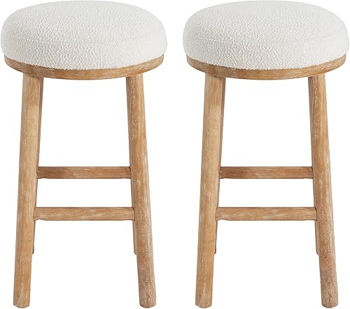 Miniatura 4 de Christopher Knight Home Aubrie - Juego de 2 taburetes de bar redondos de tela Boucle para isla de cocina, silla de comedor de madera sin espalda,
