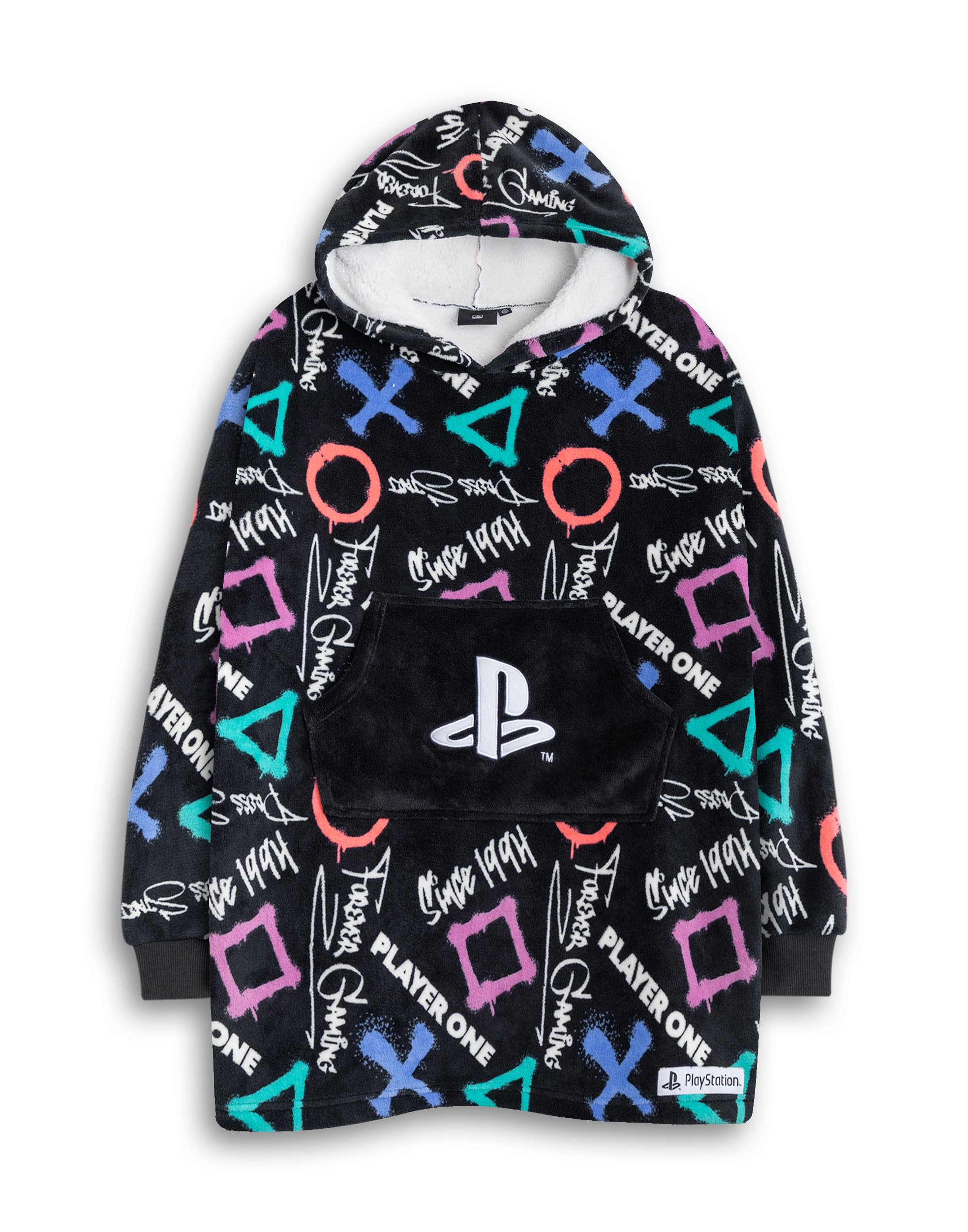 Playstation Boys Black Player One Blanket Hoodie | Long Sleeve Cosy Fleece With Colourful Graphics | Gaming Loungewear For Gaming Sessions Merch
