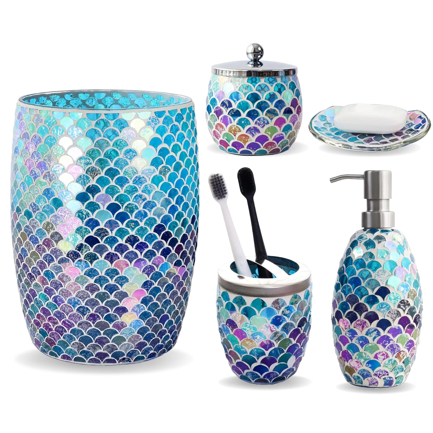 Modern Mermaid Bathroom Accessories Sets 5 Pcs | Luxurious Soap Dispenser, Toothbrush Holder, Cotton Glass Jar, Soap Tray, Trash Can | Mermaid Bathroom Decor | Mosaic Glass Bathroom Accessories