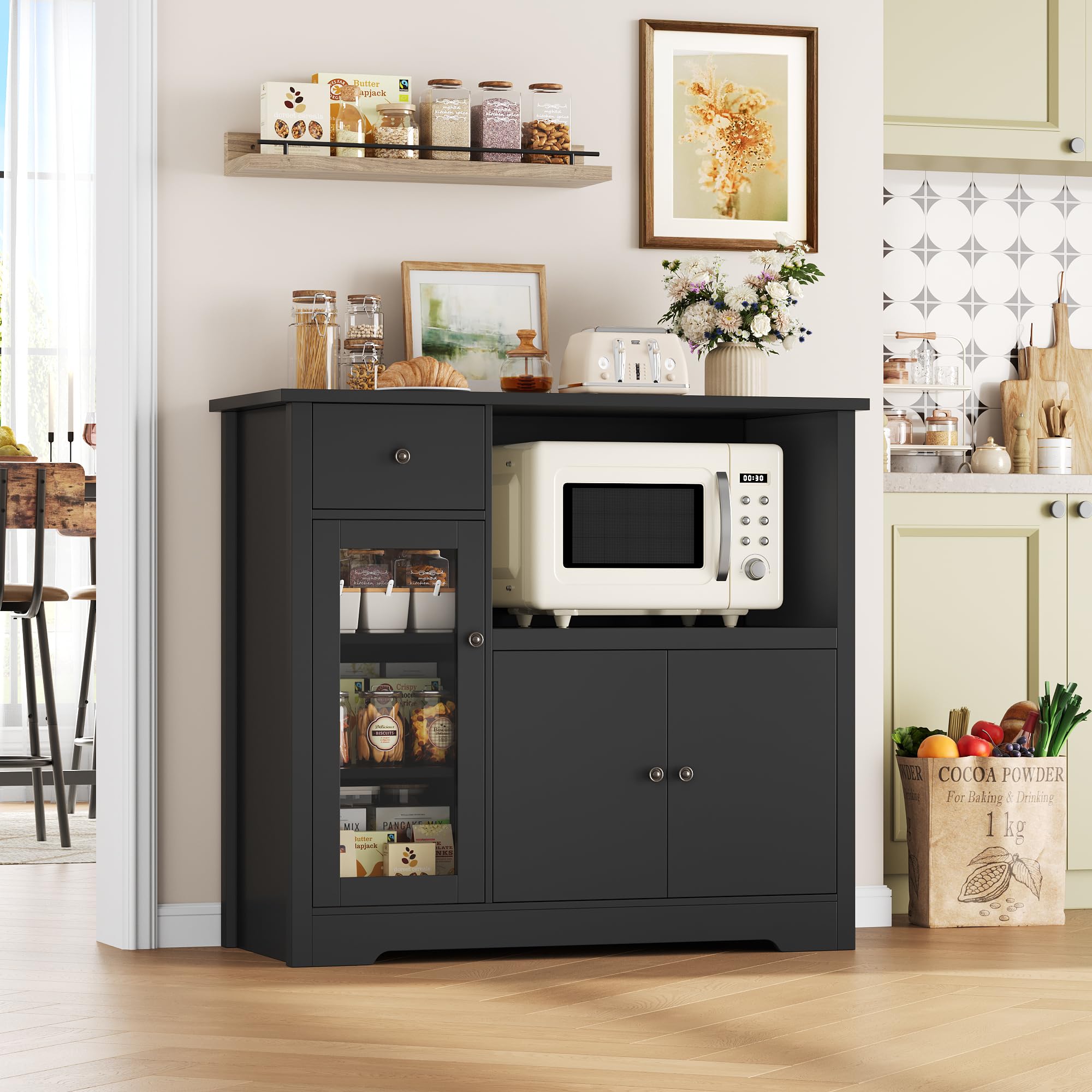 HOCSOK Küchenschrank mit Arbeitsplatte, Sideboard Küche mit Mikrowellenregal, Buffetschrank mit 1 Schubladen, 3 Tür, Verstellbare Ablagen, für Küche, Esszimmer, Wohnzimmer, Schwarz