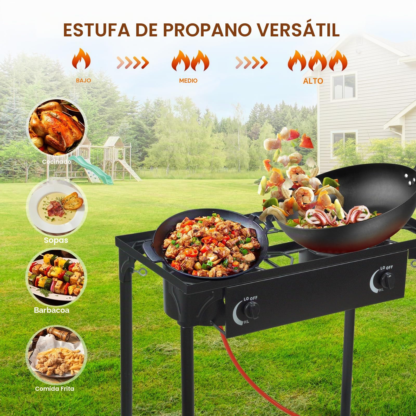 BACOENG Hornillo de Gas con 2 quemadores con patas desmontables, Hornillo Camping Gas Portatil con 1.5M Manguera y Regulador Presión 50 mbar