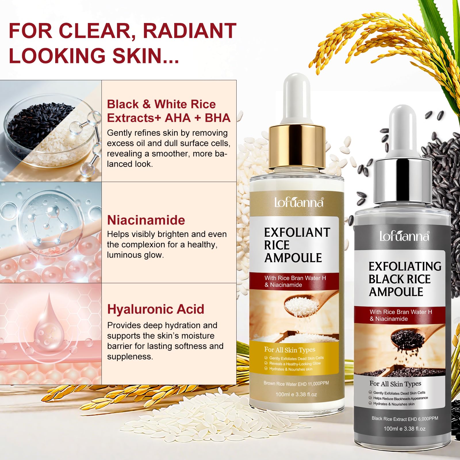 Sérum Exfoliant Visage au Riz Blanc 100ml + Riz Noir 100ml, Peeling Visage Doux AHA BHA VB3, Élimine Peaux Mortes, Affine le Grain de Peau, Réduit Pores, Éclat & Hydratation, Soin Coréen,Toute la Peau