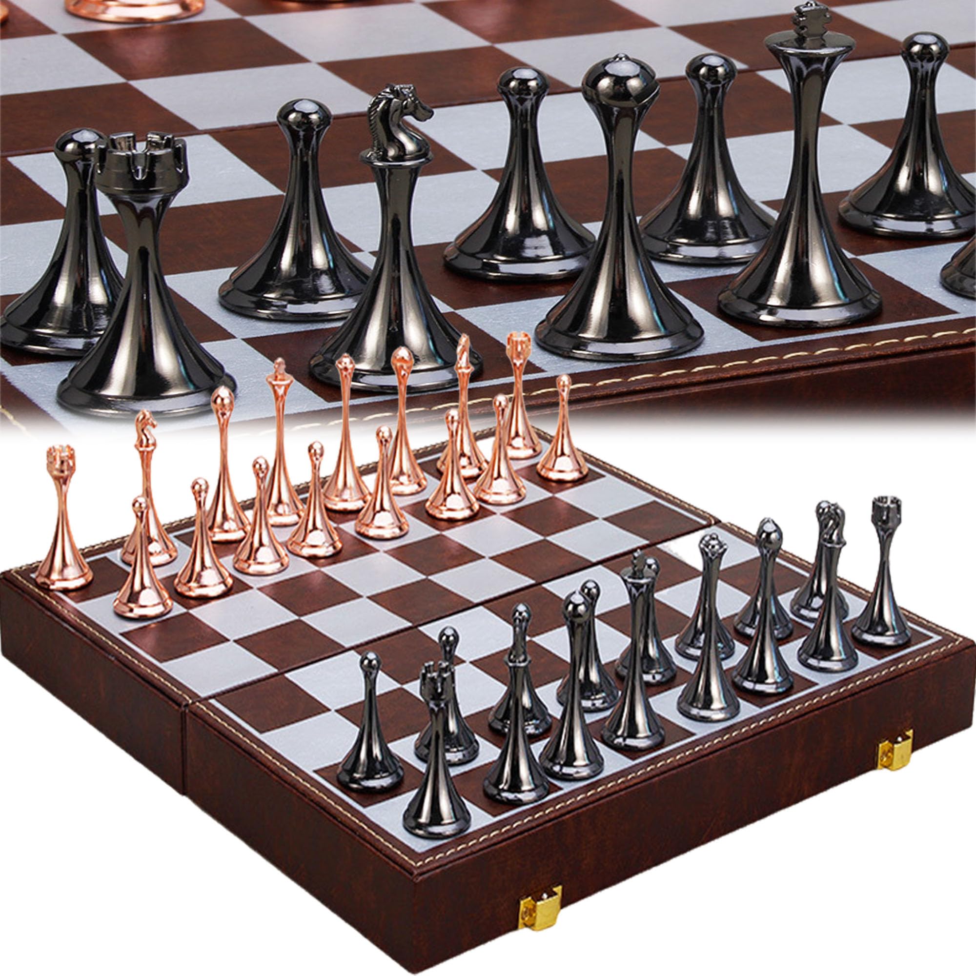 YUEMING Chess Set Metal, Leather Chess Board 30x30cm, Travel Magnetic Chess Piece Set with Chess Folding Storage Board, Educational Board Games Gifts for Kids & Adults