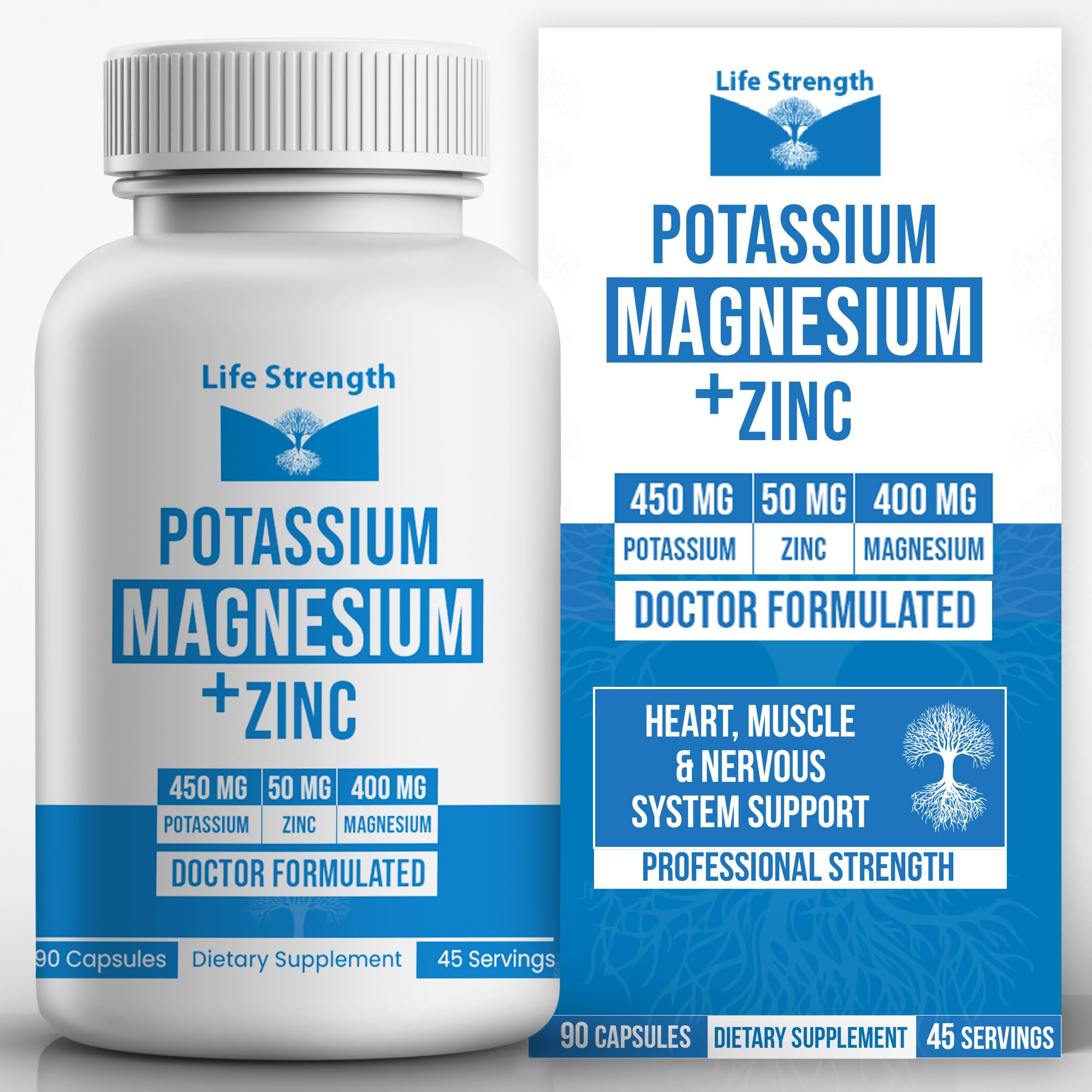Life Strength Magnesium Potassium Zinc Supplement - 90 Vegan Capsules - High Absorption Mineral Complex for Muscle Support, Leg Cramps, Electrolyte Balance & Sleep Support 90 Count (Pack of 1)