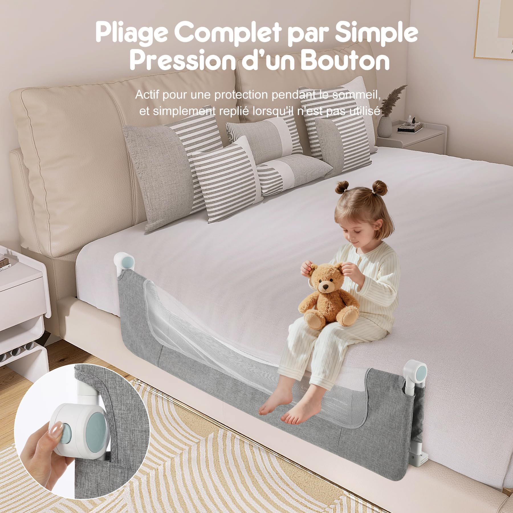 Barrière de Lit Enfant 150 cm Repliable, Cadre Large Anti-Collision pour Tous Types de Lits