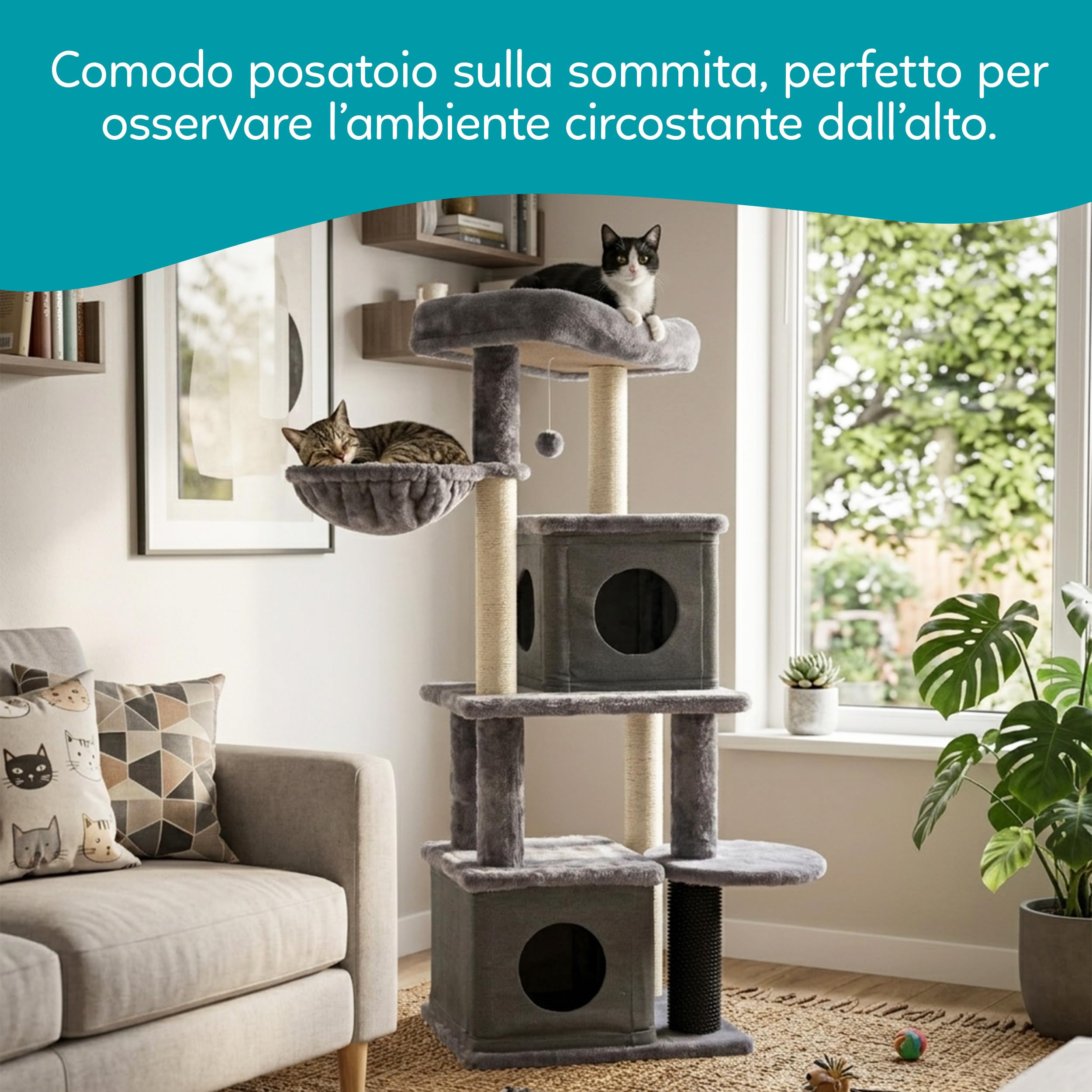 Aqpet Tiragraffi XL a Torre in Sisal e tessuto con Cucce per il riposo, Alto 125 cm per il massimo divertimento del tuo gatto, Colore Grigio