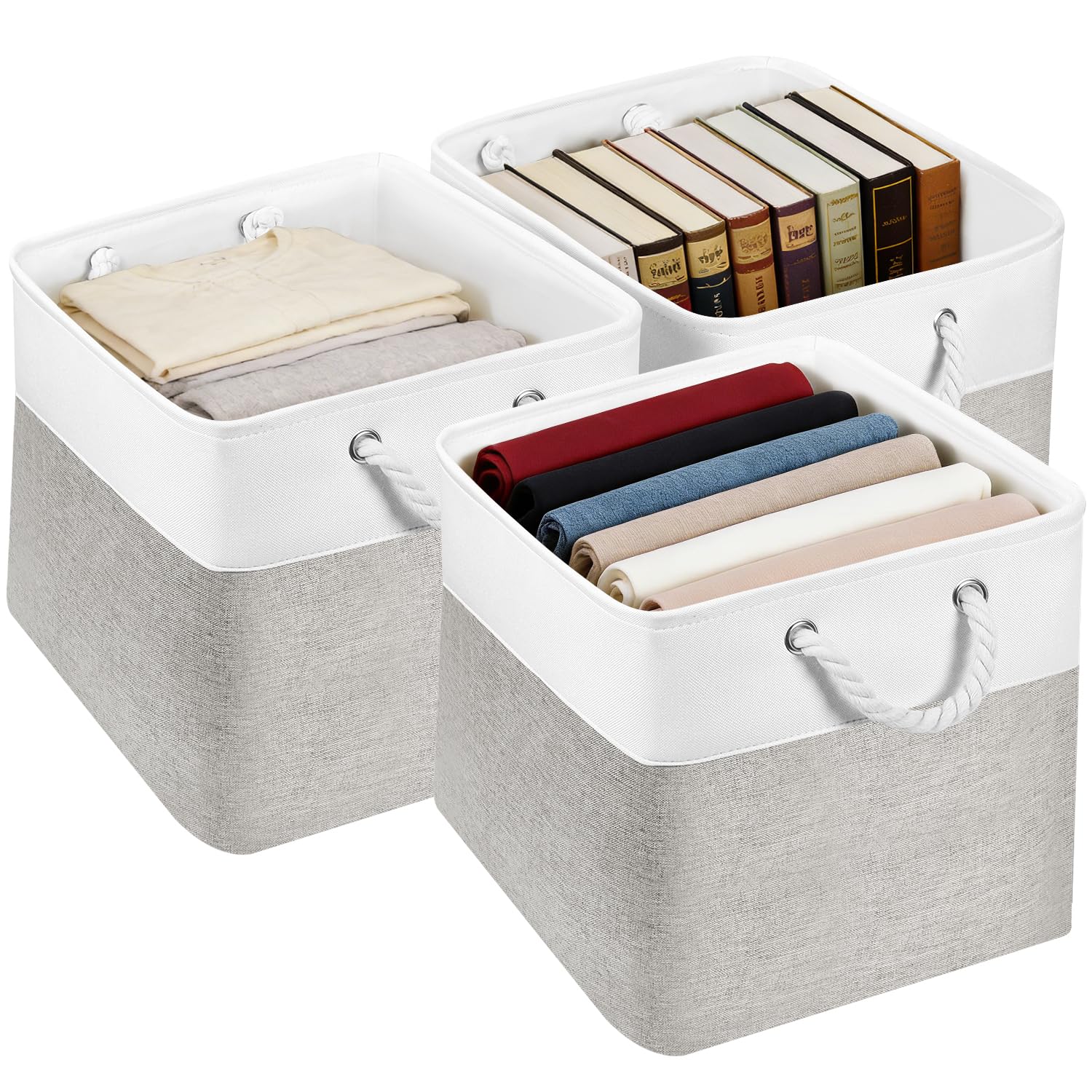 Junlai Grey-White 3 Pack Grey Fabric Storage Boxes, Kallax Storage Boxes 33 X 38 X 33 With Handles, Foldable Large Storage Basket For Office & Home, Book, Clothes, Toys(Grey-White)