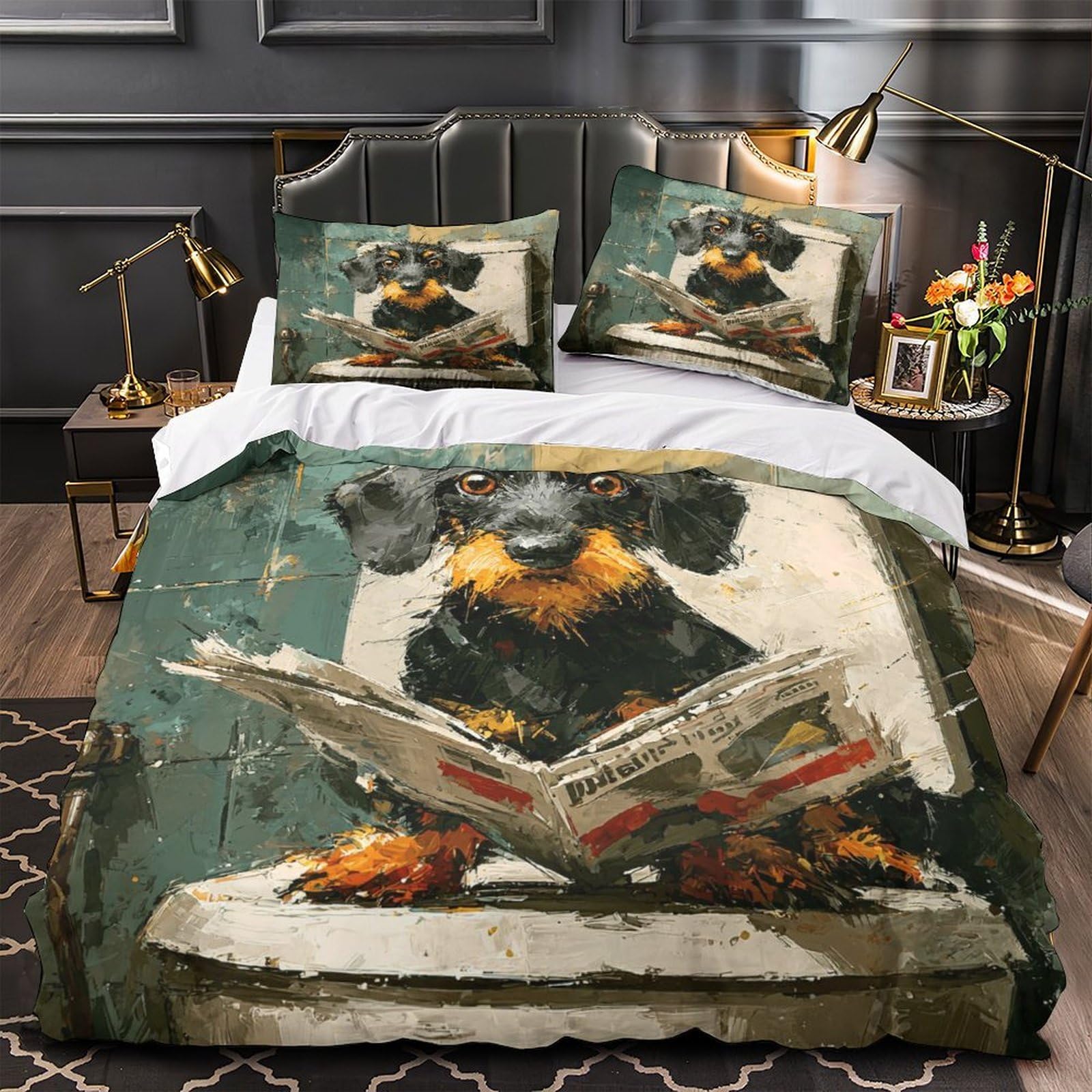MMDASBVPE Funny Dog Reading Quilt Cover 3D Design Printed Hypoallergenic 3 Pcs Bedding Set Zipper Duvet Cover Super Soft Anti-allergic for Kids Girls Boys Adults Women Teens Single（140x200cm）