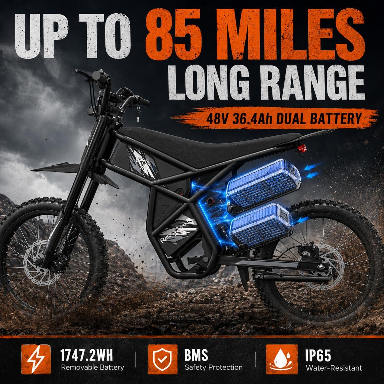 Upgraded GT73 PRO / GT73 Electric Dirt Bike for Adults, 3000W 60V 50MPH //2400W 48V 37MPH Dirtbike, 36.4AH Dual Battery Ebike Up to 85 Miles, 25" Motorcycle Tire, UL2849 All Terrain E BIKE