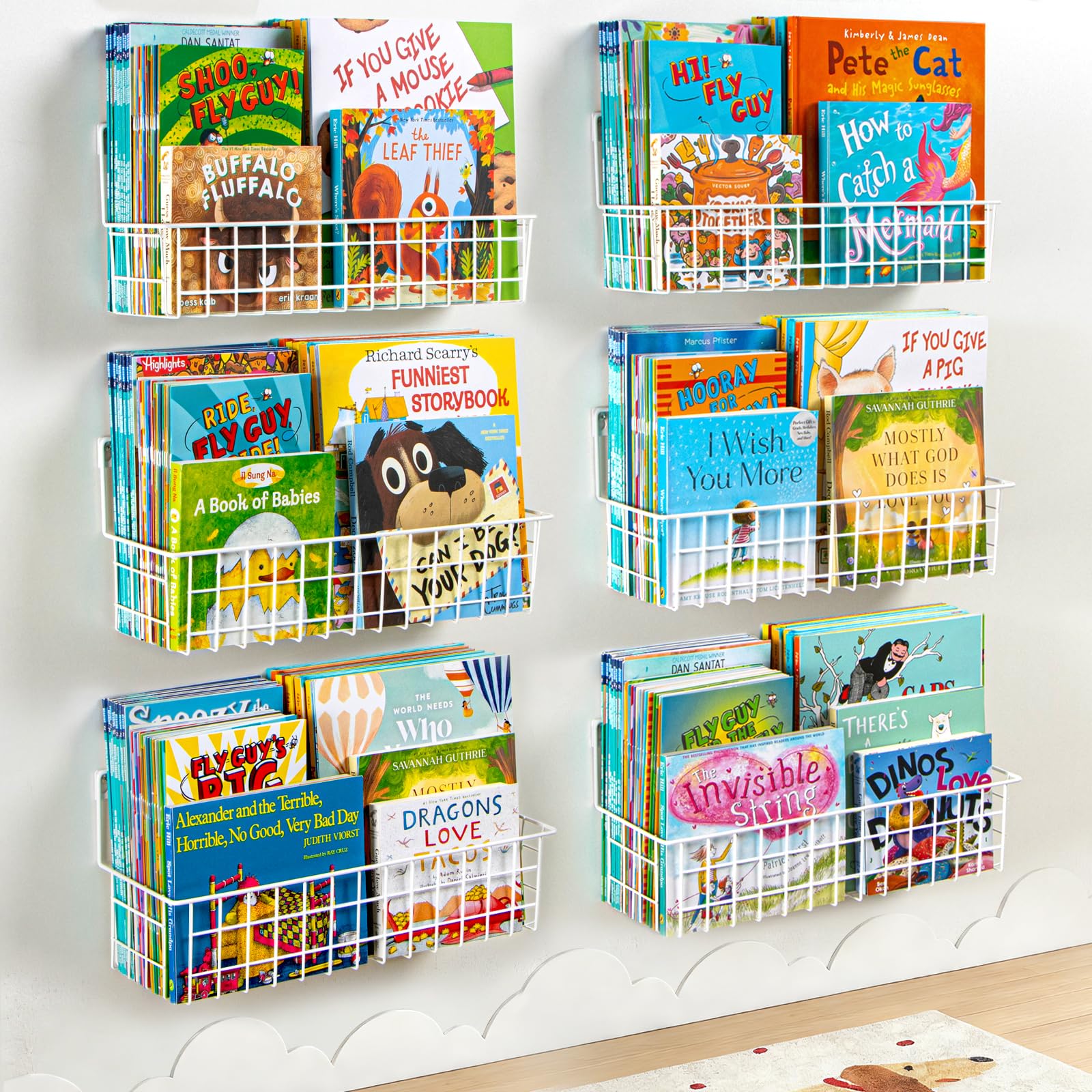 PUERSI 6er-Set Bücherregal Kinder Wand, Metall Wandregal Bücher, Hängend Regal für Kinderzimmer Aufbewahrung von Bilderbüchern für Baby, Mädchen und Jungen, Weiß