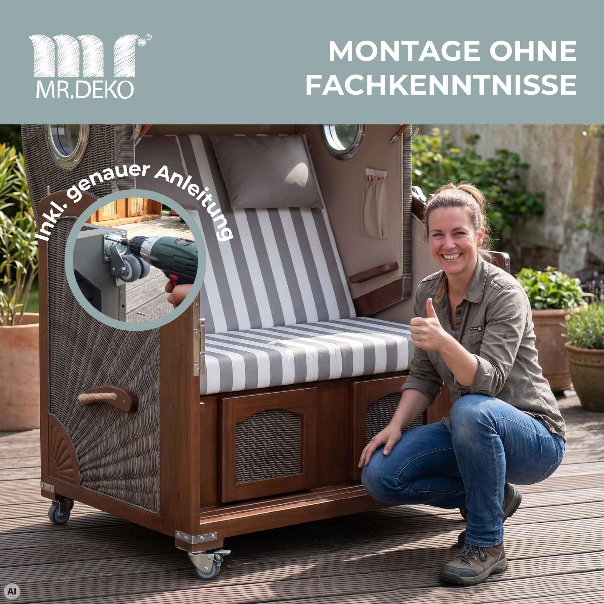MR. DEKO Strandkorb-Rollen 6er Set mit Feststeller | Strandkorbrollen Ø52 mm Terrasse | Doppellenkrollen Schwerlast-Rollen 100kg | Gartenmöbel-Rollen Set 6 Stück Rostfrei