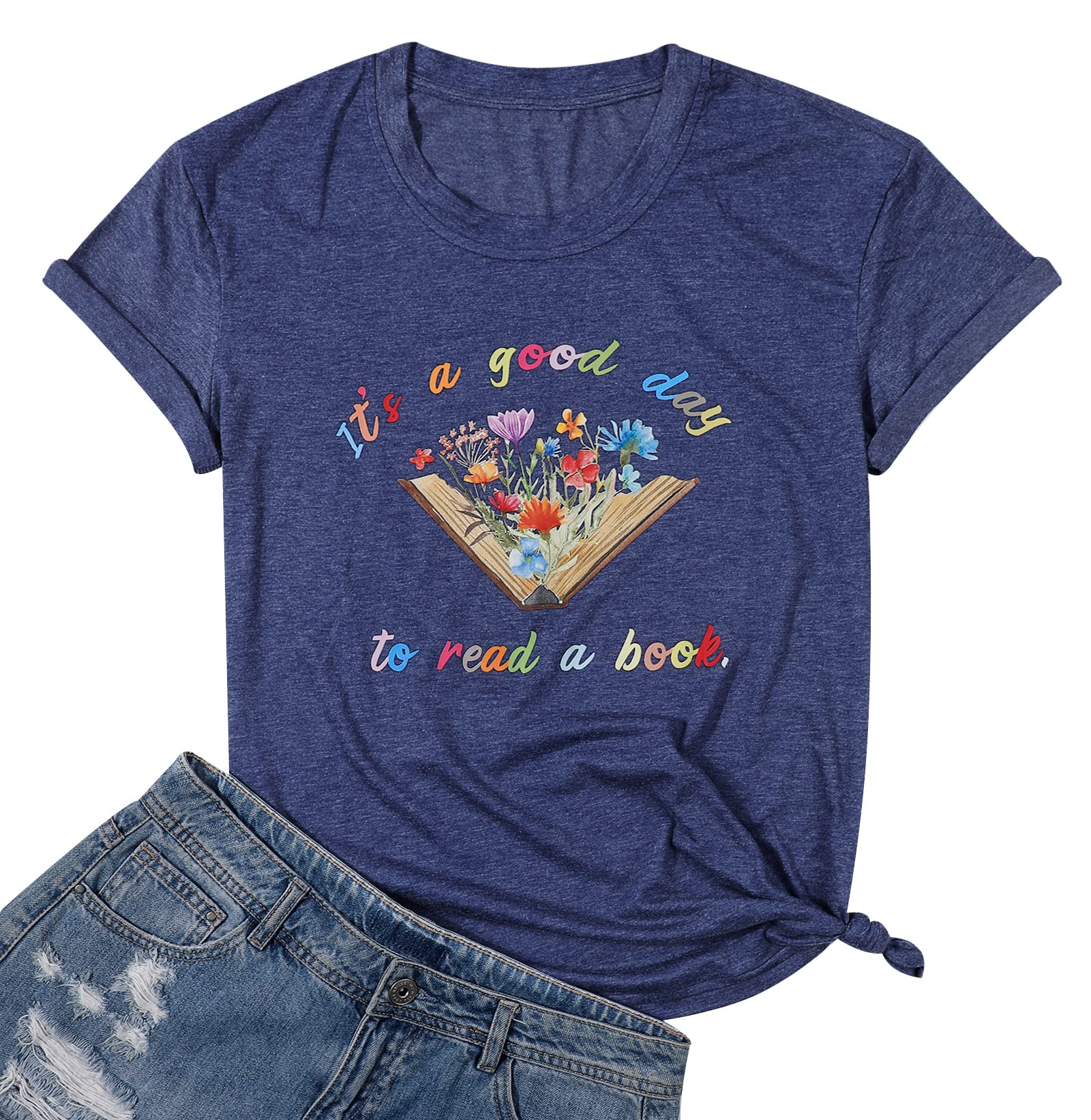 Photo 1 of Book Lovers T-Shirt Women Funny Wildflowers Book Reading Shirt Cute Book Lover Gift Shirts Teacher Short Sleeve Tee Tops Navy Blue XX-Large
