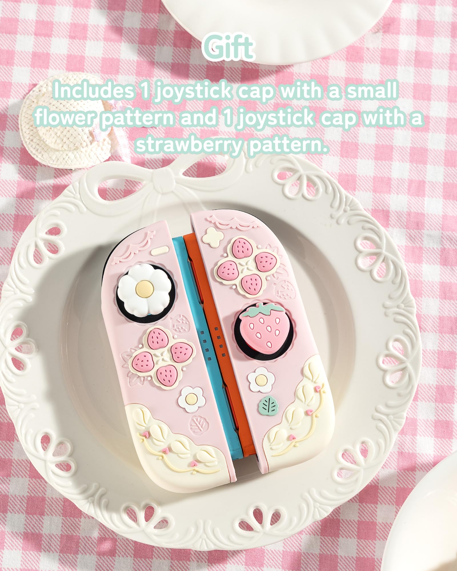 GeekShare Custodia protettiva in silicone morbido compatibile con Switch 2, antigraffio, compatibile con Switch 2, guscio protettivo separabile con 2 tappi per pollice, fragole con crema (rosa)