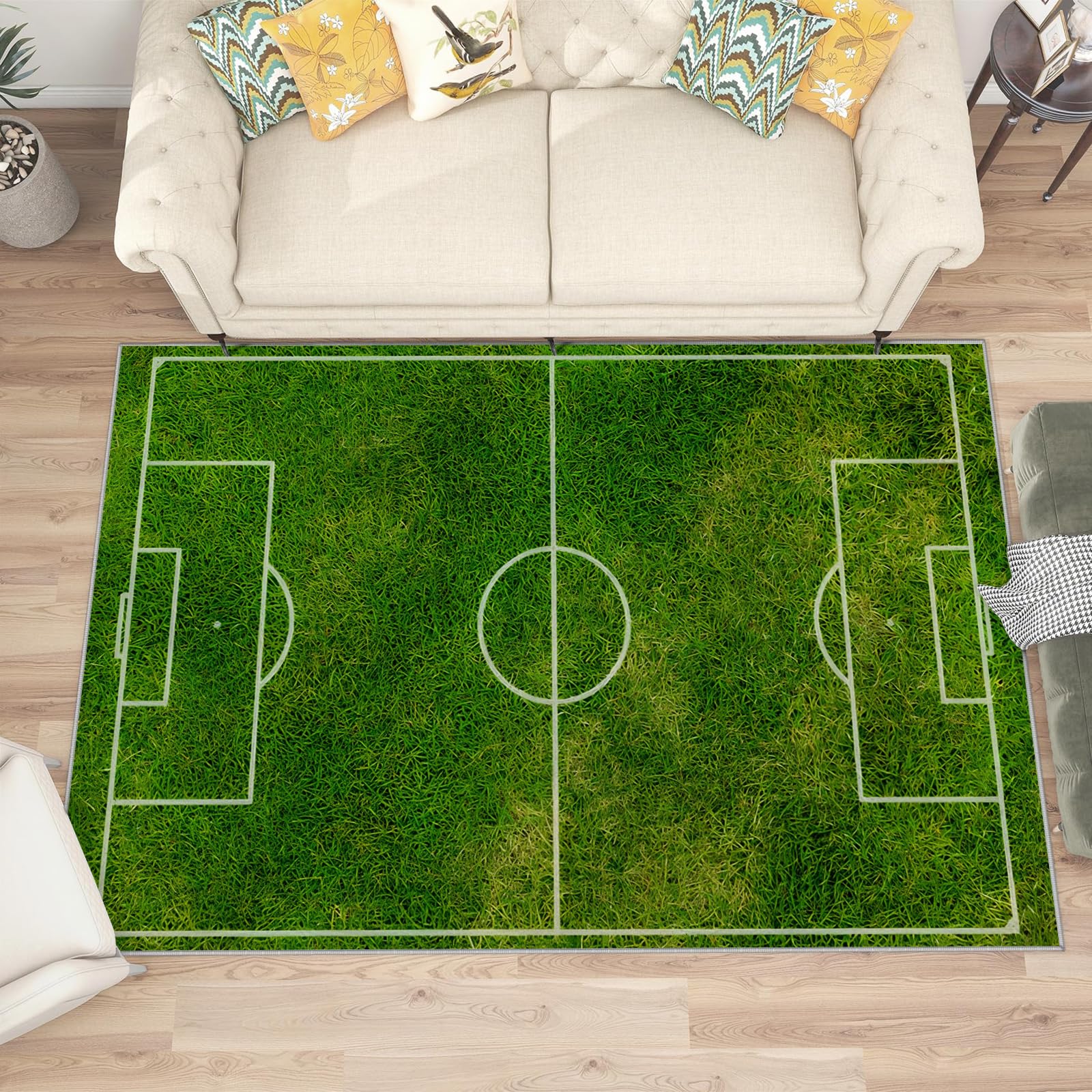Großer waschbarer Kurzflor-Teppich 200x300, Fußballplatz Teppich Kinderzimmer, Sportthema Dünn Saugfähig Vielseitig für Wohnzimmer Schlafzimmer Oder Als Bettvorlege F-91