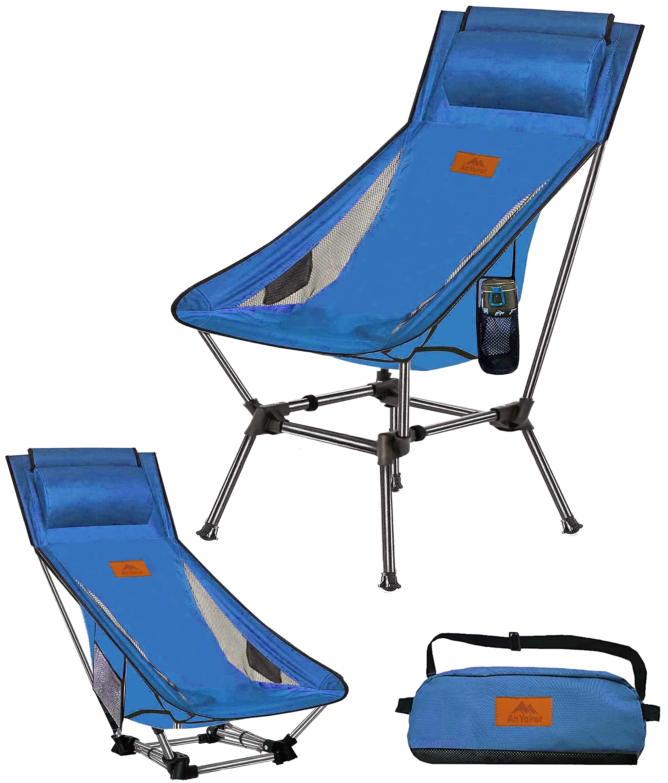 Camping Chair, Great Size, Over Size 2 Way Compact Backpacking Chair, Portable Folding Chair, Beach Chair with Side Pocket and headrest, Lightweight Hiking Chair 0166ZGA ?Blue Seat?