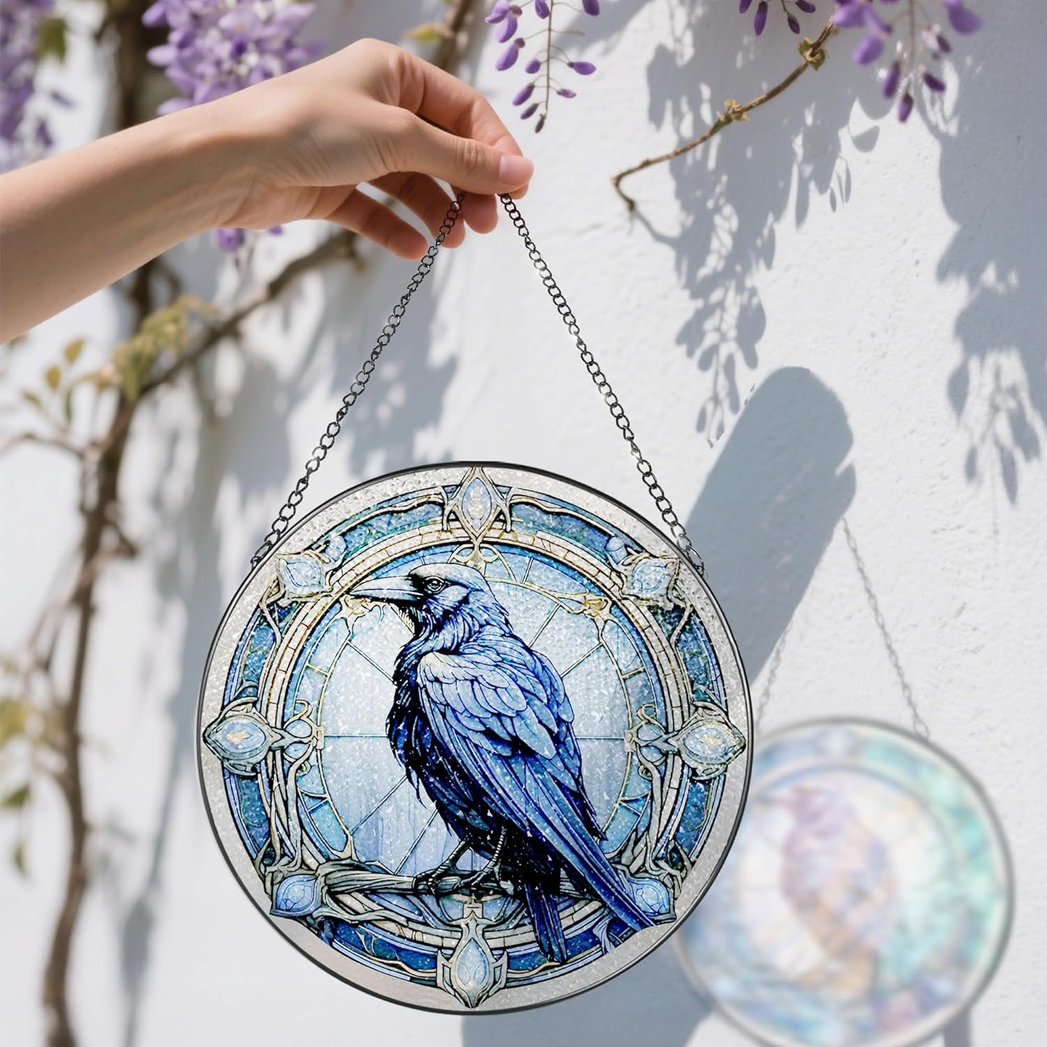 8 Inch Stained Glass Suncatcher Ornament, DOUHASU Crow Sun Catchers Indoor Window, Stained Glass Window Hanging, Home Decor, Bird Lovers Gifts for Women, Men - Image 3