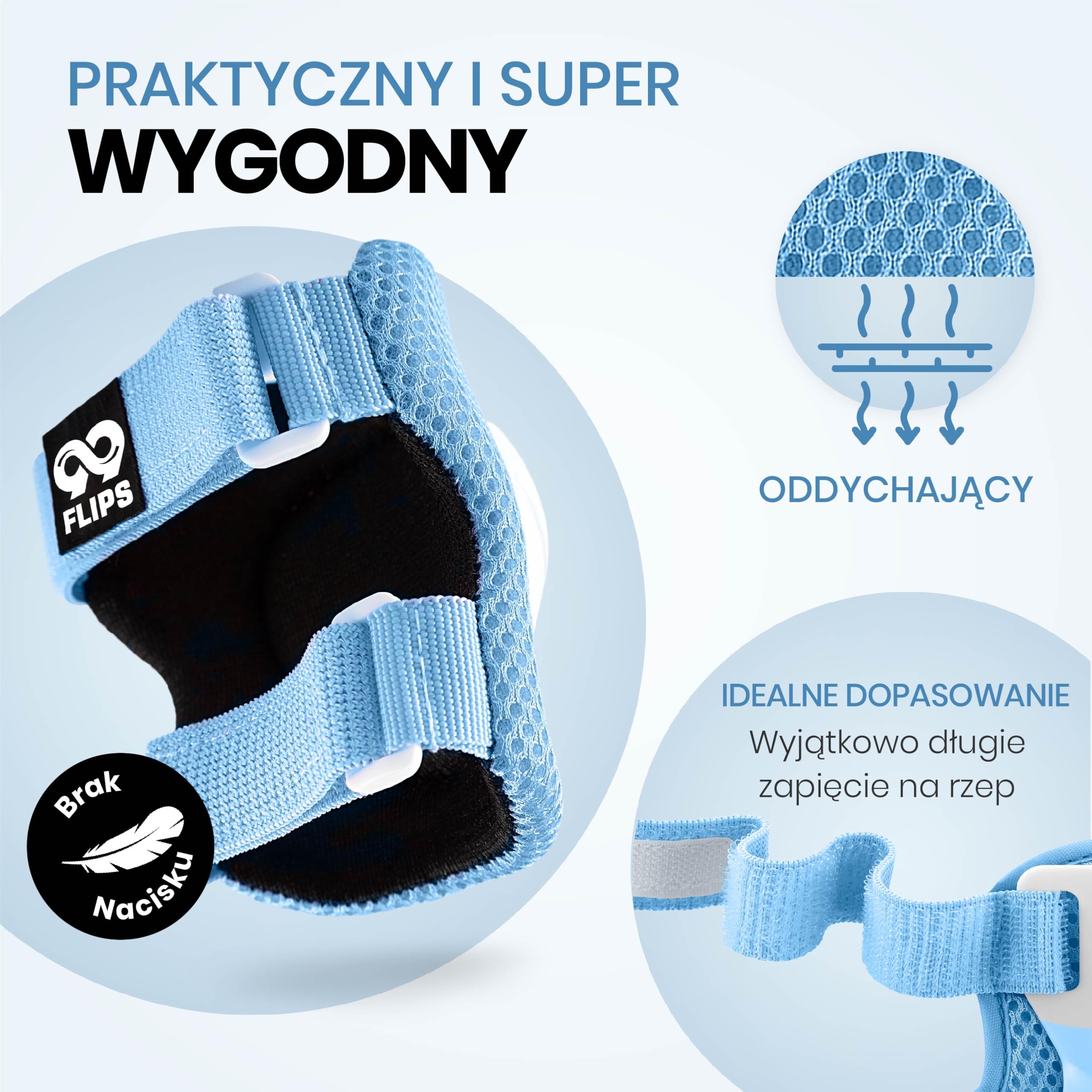 99FLIPS FLASH Jasnoniebieskie Ochraniacze na Rolki dla Dzieci od 3 lat XS Zestaw 6 el z Certyfikatem GS TÜV Rheinland Nakolanniki i Nałokietniki Dziecięce