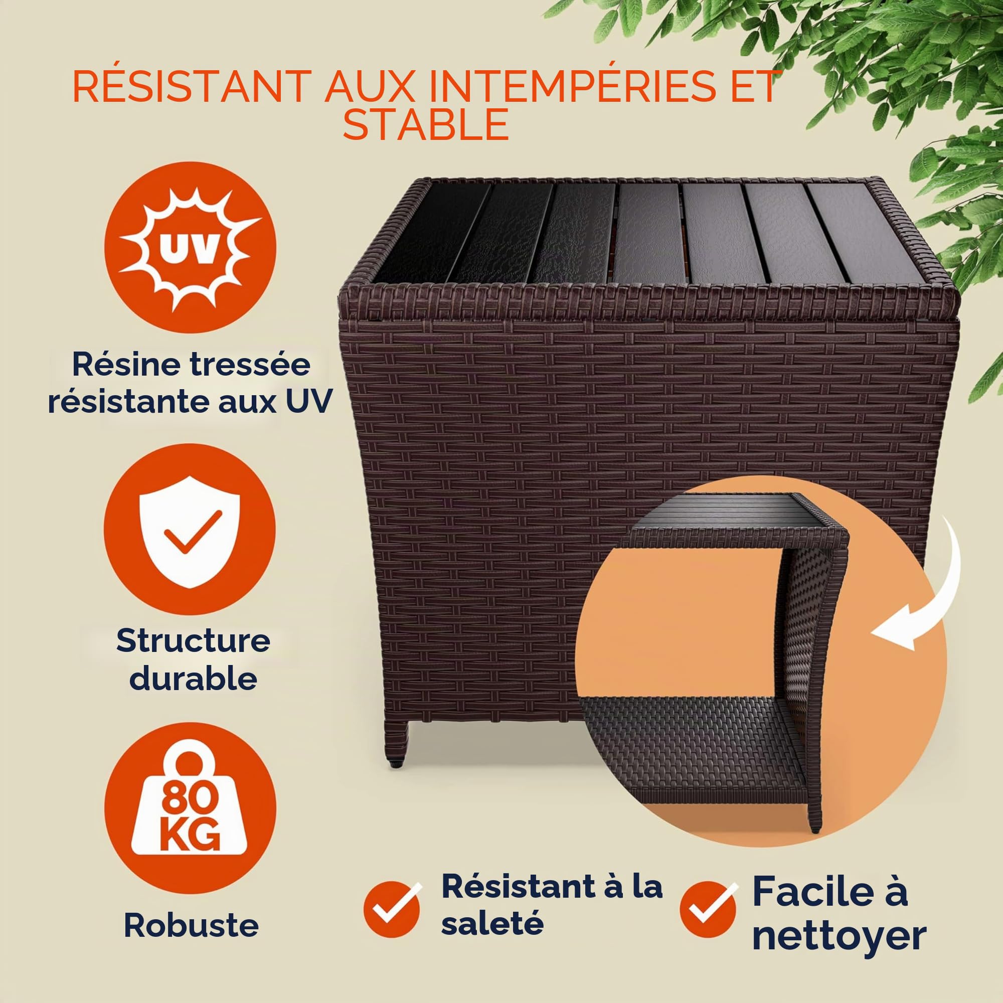 Casaria Table d'appoint en polyrotin Brun Plateau WPC 45x45x40cm réglable en Hauteur Jardin Balcon