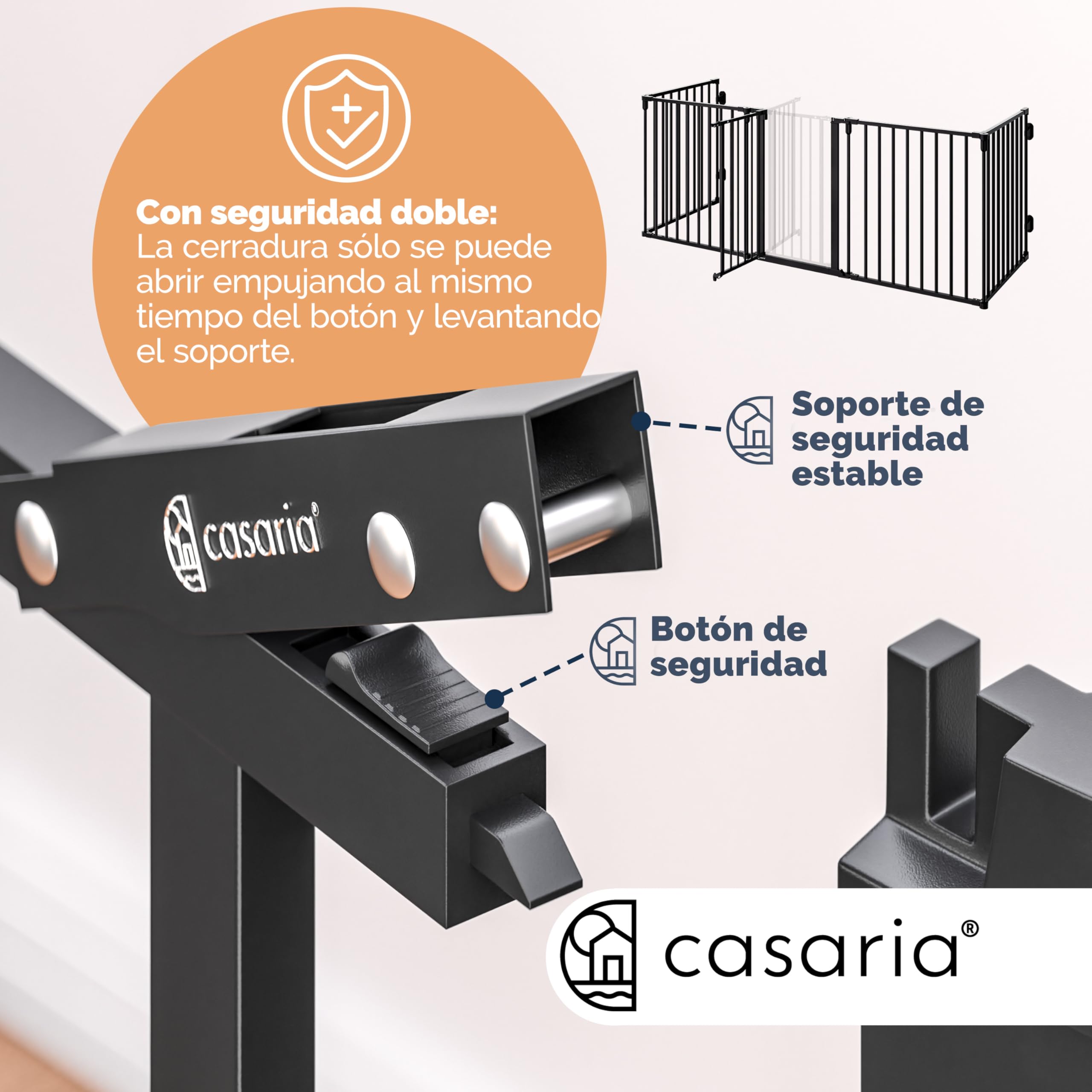 CASARIA Barrera de Seguridad Niños y Mascotas 306x76cm | 76Cm Altura, 10Kg, Acceso Seguro, Estable, Resistencia Calor, Ahorra Espacio, Rejilla Protector Chimenea, Puerta