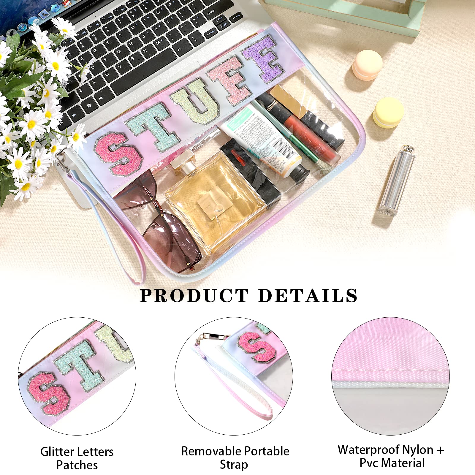 DYSHAYEN Bolsa de Chenilla Transparente con Cremallera para Viajes, Bolsa de cosméticos Transparente de Nailon, Bolsa de Viaje de Maquillaje para Mujer