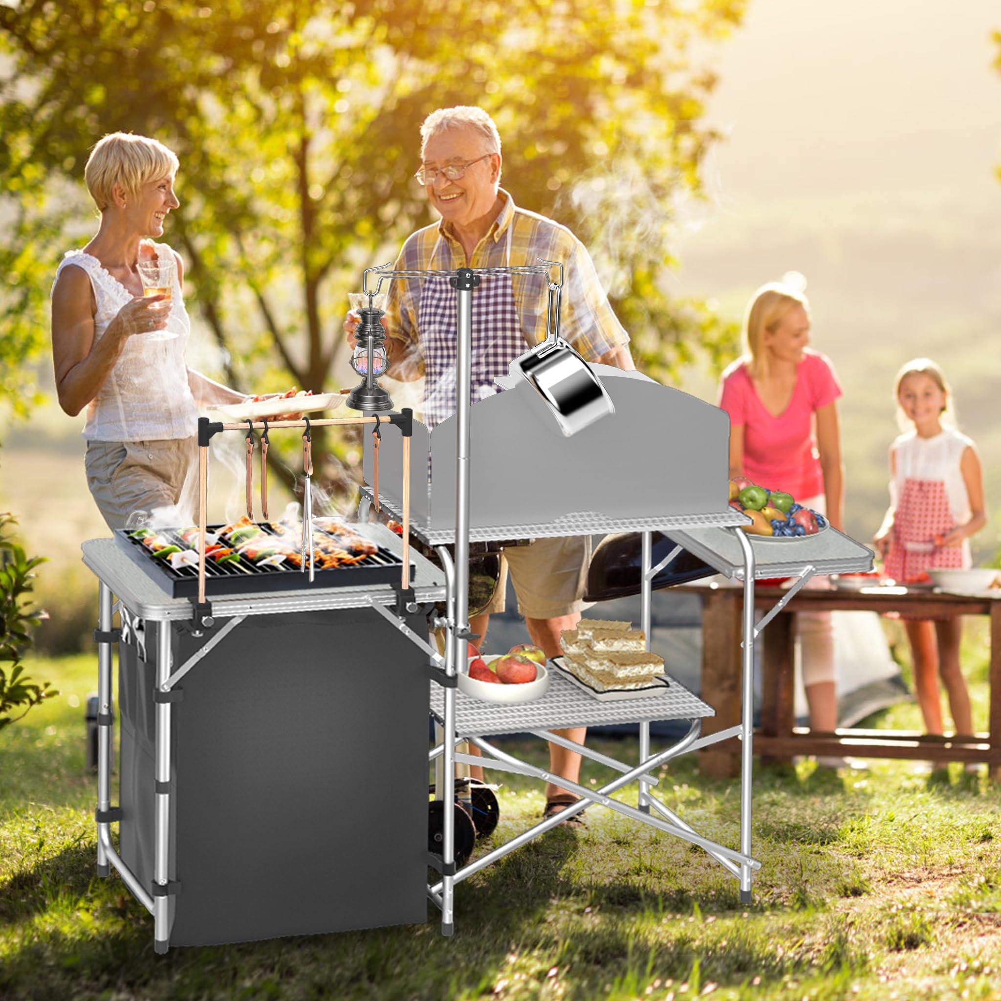 UISEBRT Tavolo da cucina da campeggio pieghevole con mobile da campeggio, paravento e piano di lavoro in MDF, pieghevole per esterni, con supporto per lampada, borsa per il trasporto, ideale per