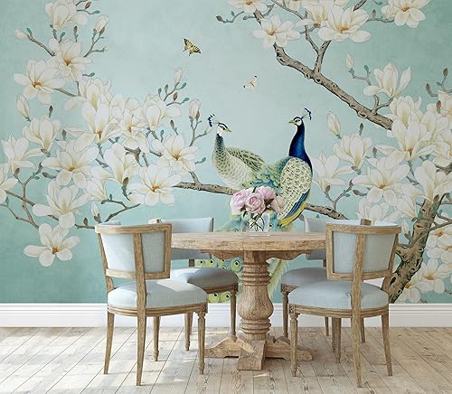 Murwall Peacock Wallpaper Chinese Peacock Wall Mural Magnolia Floral Wall Art Flower Wall Decor Chinese Home Decor Asiatic Wall Painting Cafe Decor