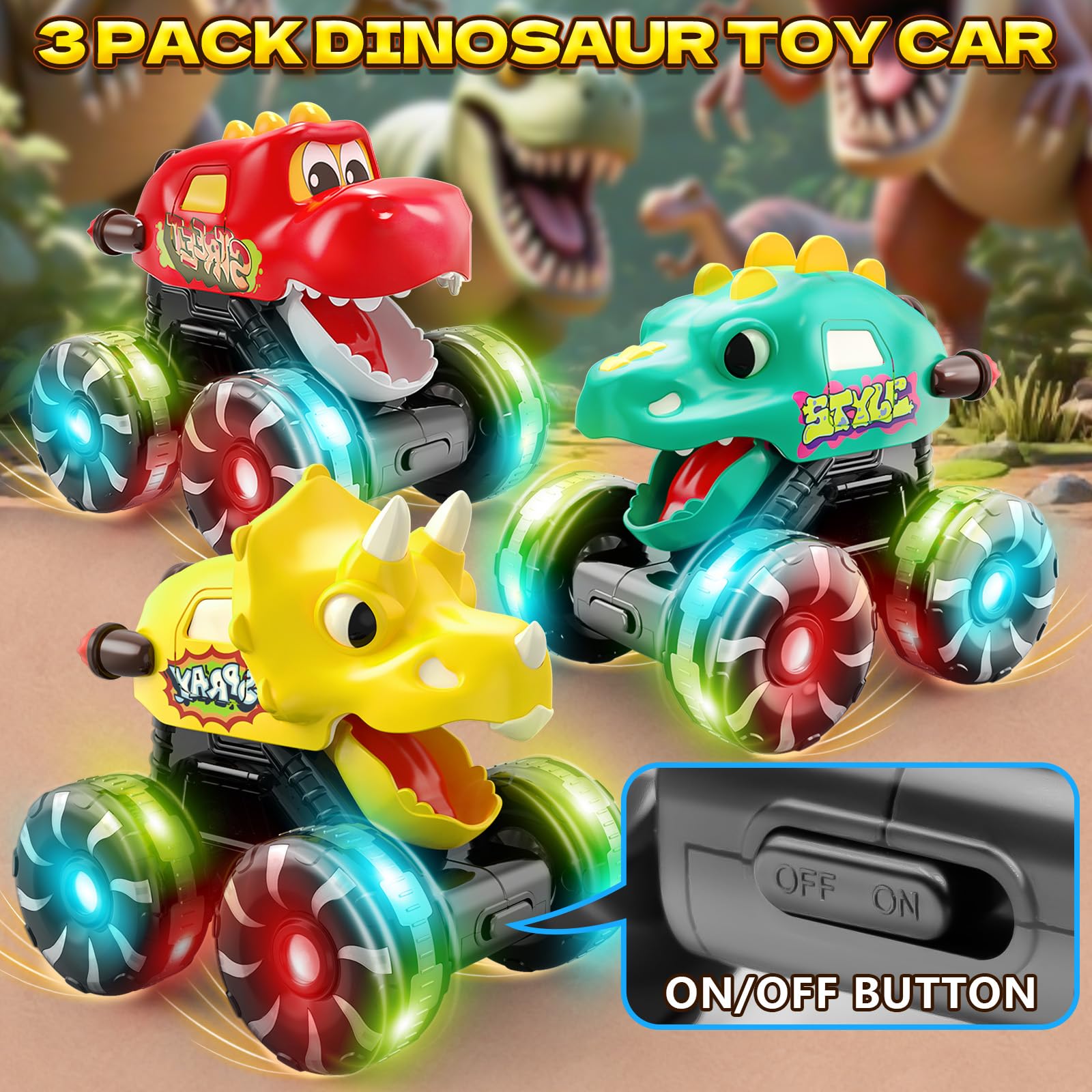 Paquete de 3 juguetes de automóvil de dinosaurio para niños pequeños, ruedas iluminadas, camiones monstruo, juguetes para niños de 2, 3, 4, 5, 6, 7, 8 años, regalos de Navidad, regalos de 6