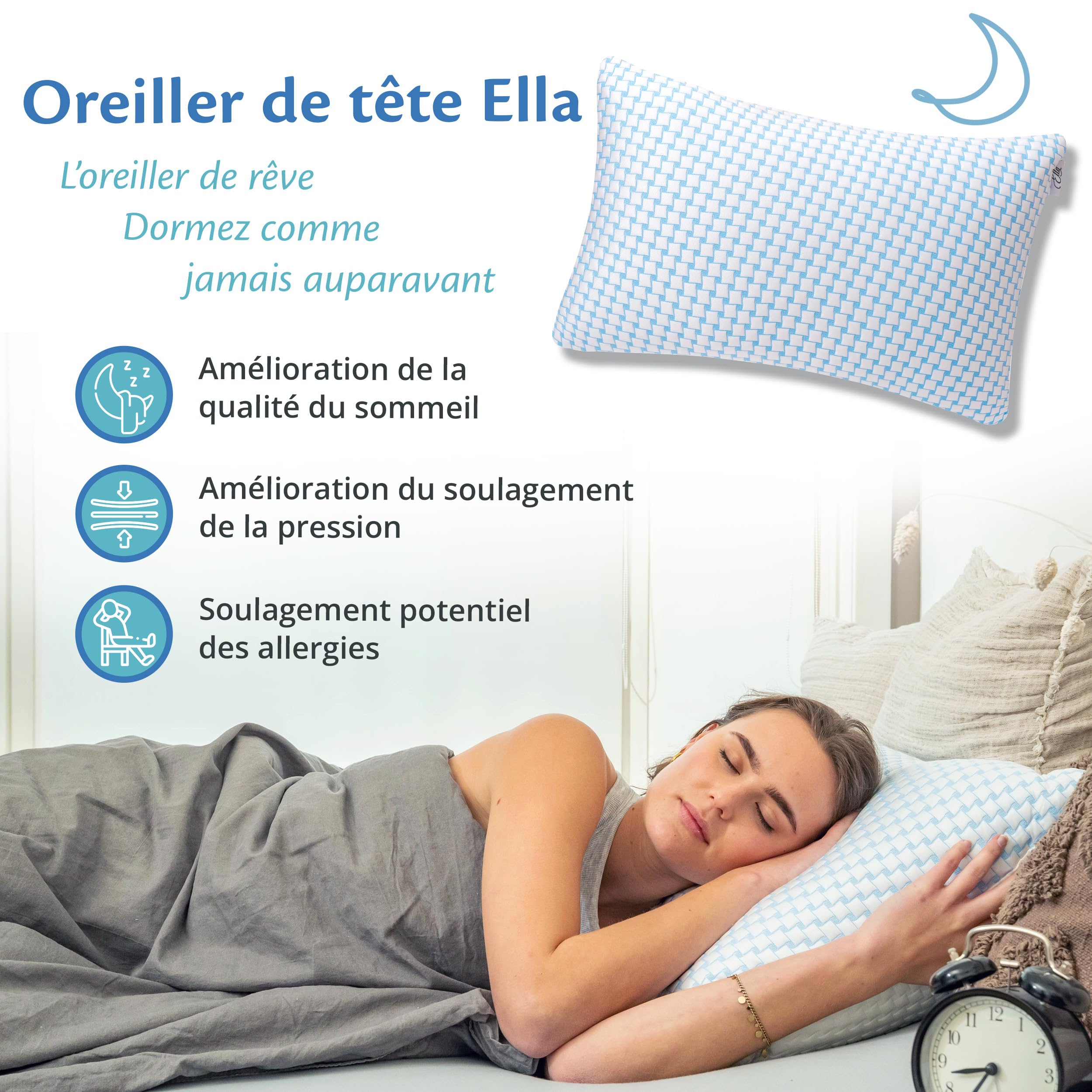 Ella Oreiller Memoire Forme 50x70 cm - Oreiller Ergonomique Cervical – Coussin à Mémoire de Forme pour Les douleurs cervicales - dormeurs sur Le côté, sur Le Dos, sur Le Ventre