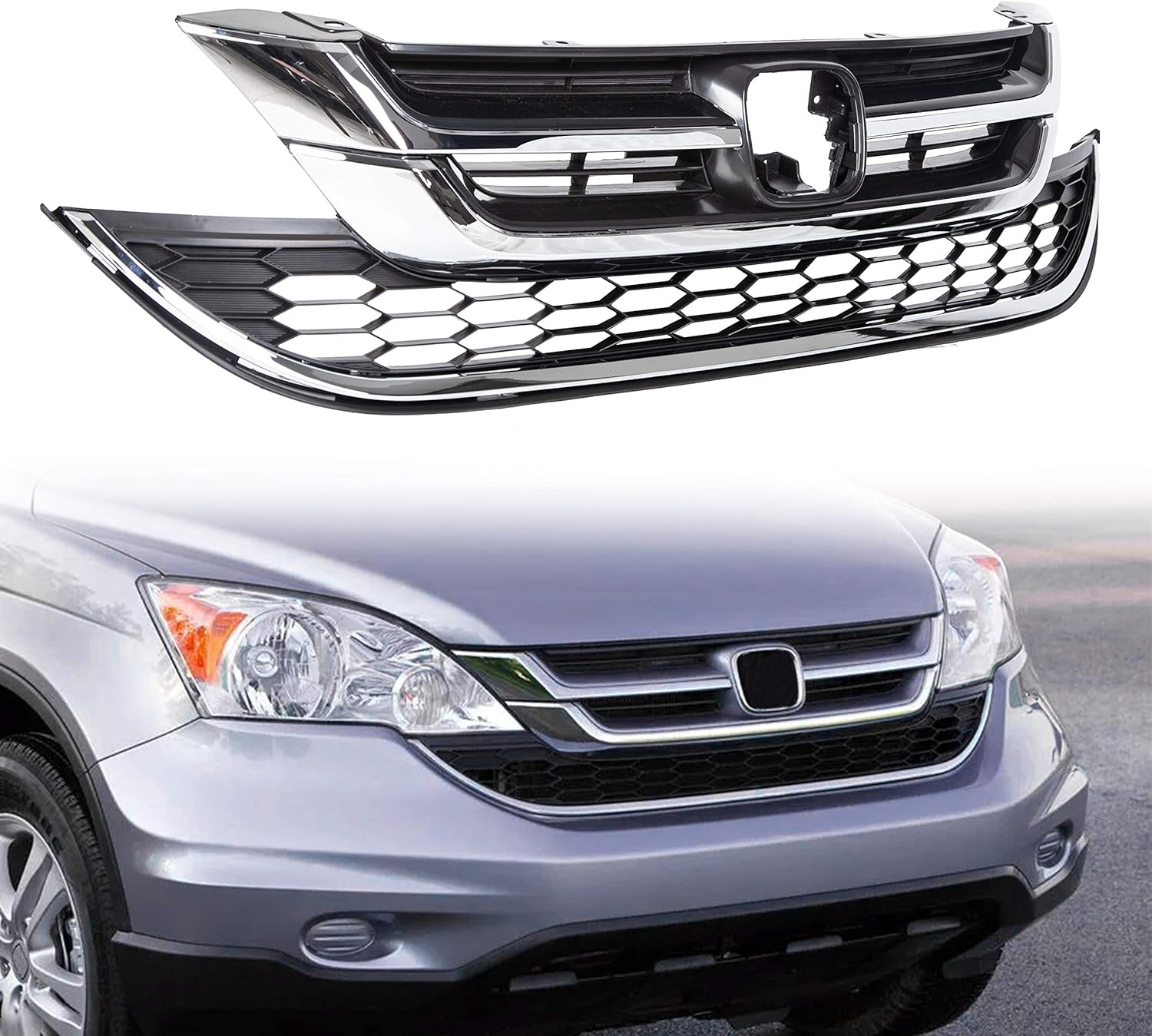 ECOTRIC Front Upper Bumper Hood Grill & Lower Mesh Chrome Grille Compatible with 2010-2011 Honda CRV CR-V
