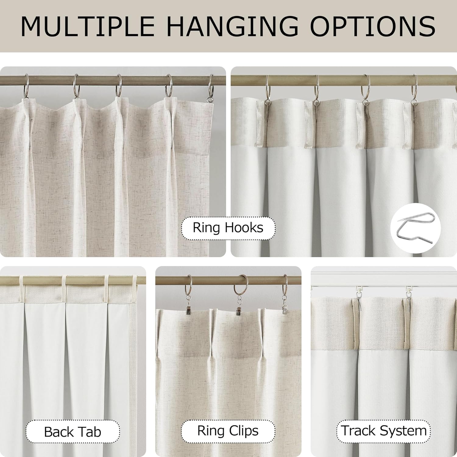 Vision Home Natural Pinch Pleated Light Filtering Curtains with Microfiber Liner 84 inch Linen Blended Textured Privacy Drapes for Living Room Bedroom Back Tabs with Hooks 2 Panels 40" Wx84 L
