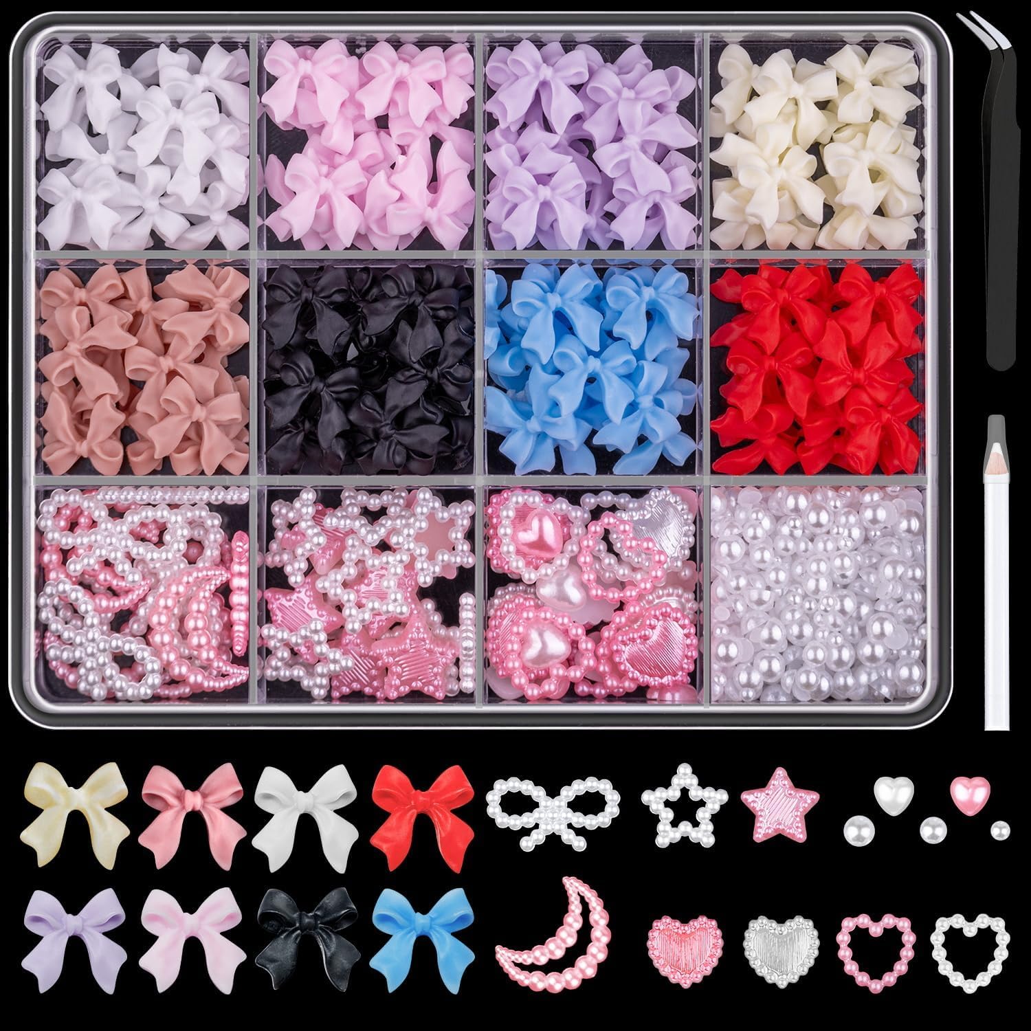 THR3E STROKES 600 Pcs 3D Nail Charms And Flatback Pearls Set 1, 8 Colors Nail Bows Charm + Pink & White Star Heart Moon Cute Nail Jewels + 2-4 Mm White Nail Pearls With Pickup Tools