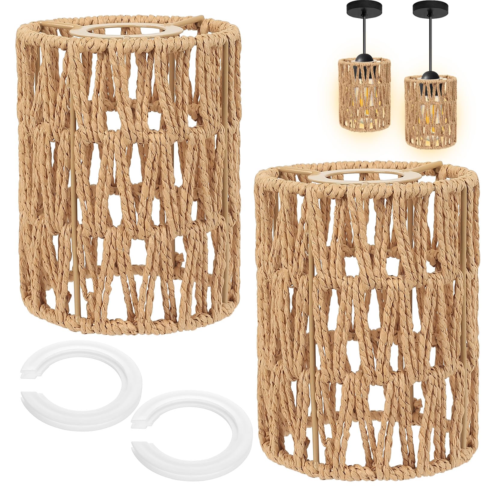 2 Pcs Rattan Lampshades, 5.9 Inch Boho Wicker Lampshade Pendant, Rope Light Shade Ceiling Lamp Shades for Ceiling Lights, Living Rooms, Kitchen, Bedroom, Hallways, with 2 Adapter Rings