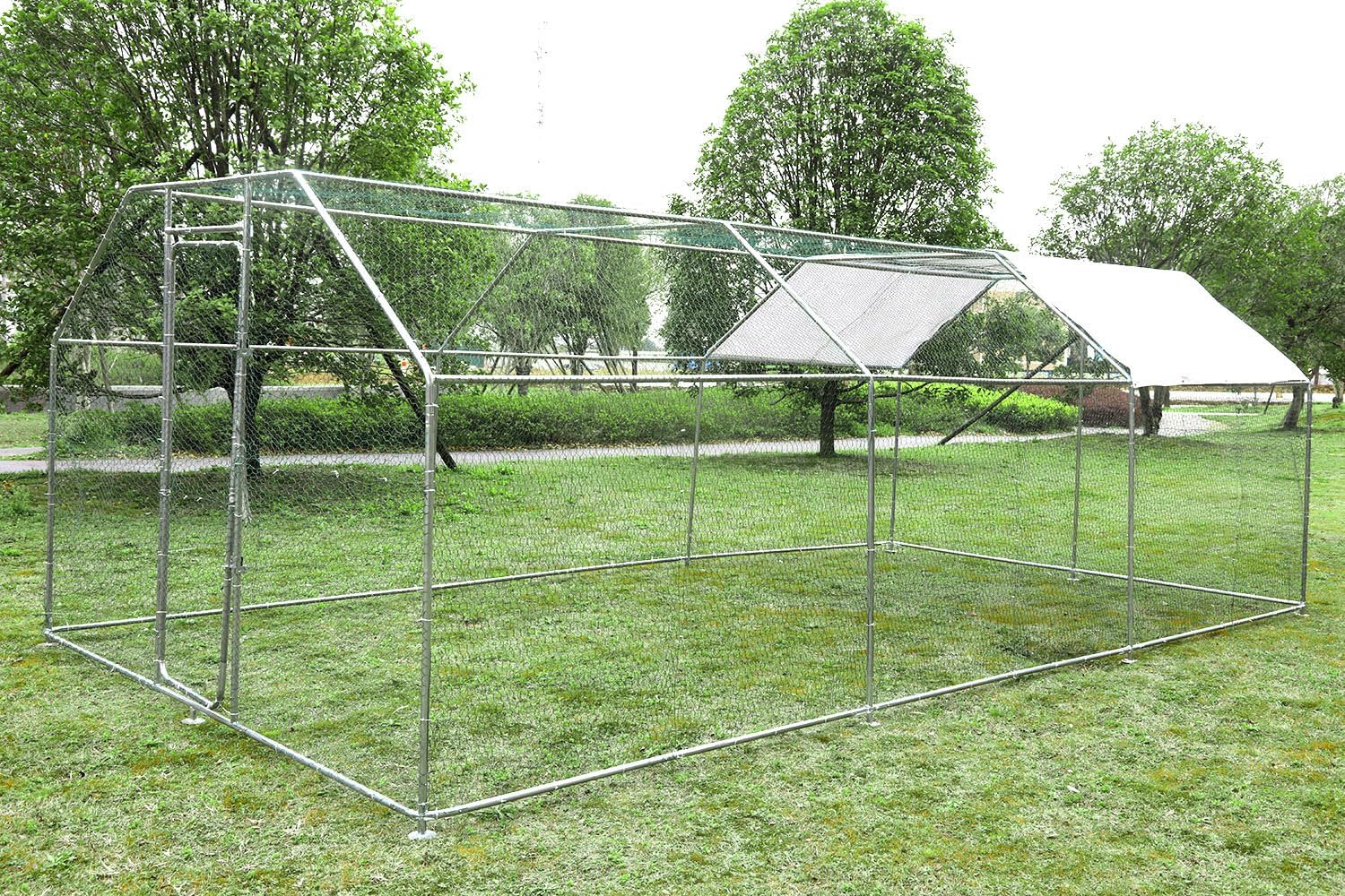 Fully assembled walnest 20x10x6.6Ft Large Metal Chicken Coop in an outdoor setting.